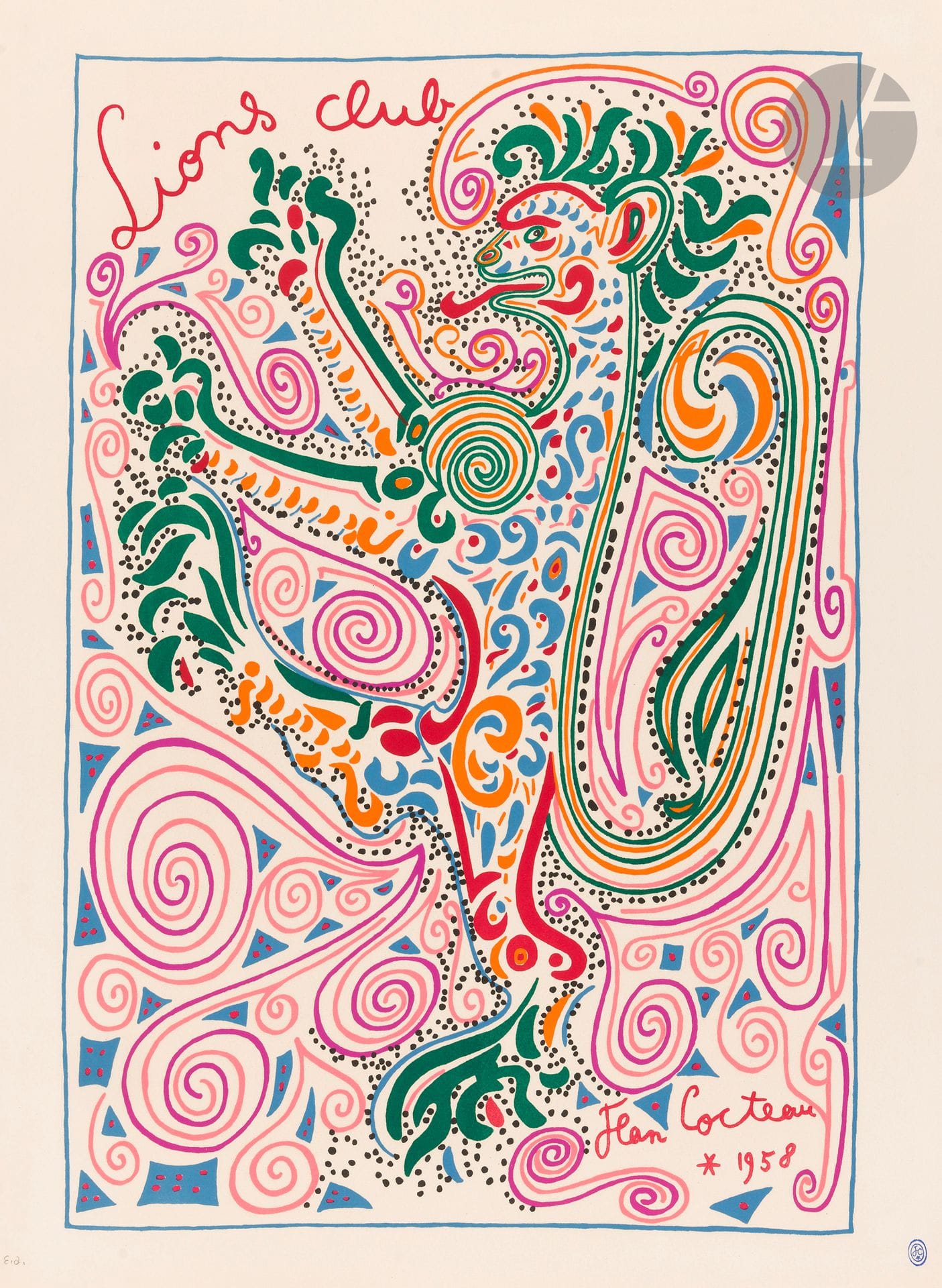 Jean COCTEAU (1889-1963)
Affiche pour le Lions Club. 1958. 
Lithographie. 66 x 500 cm. Impression en couleurs. Très belle et fraîche épreuve sur vélin, justifié «e.a.» et revêtue du timbre de l’artiste. Toutes marges.