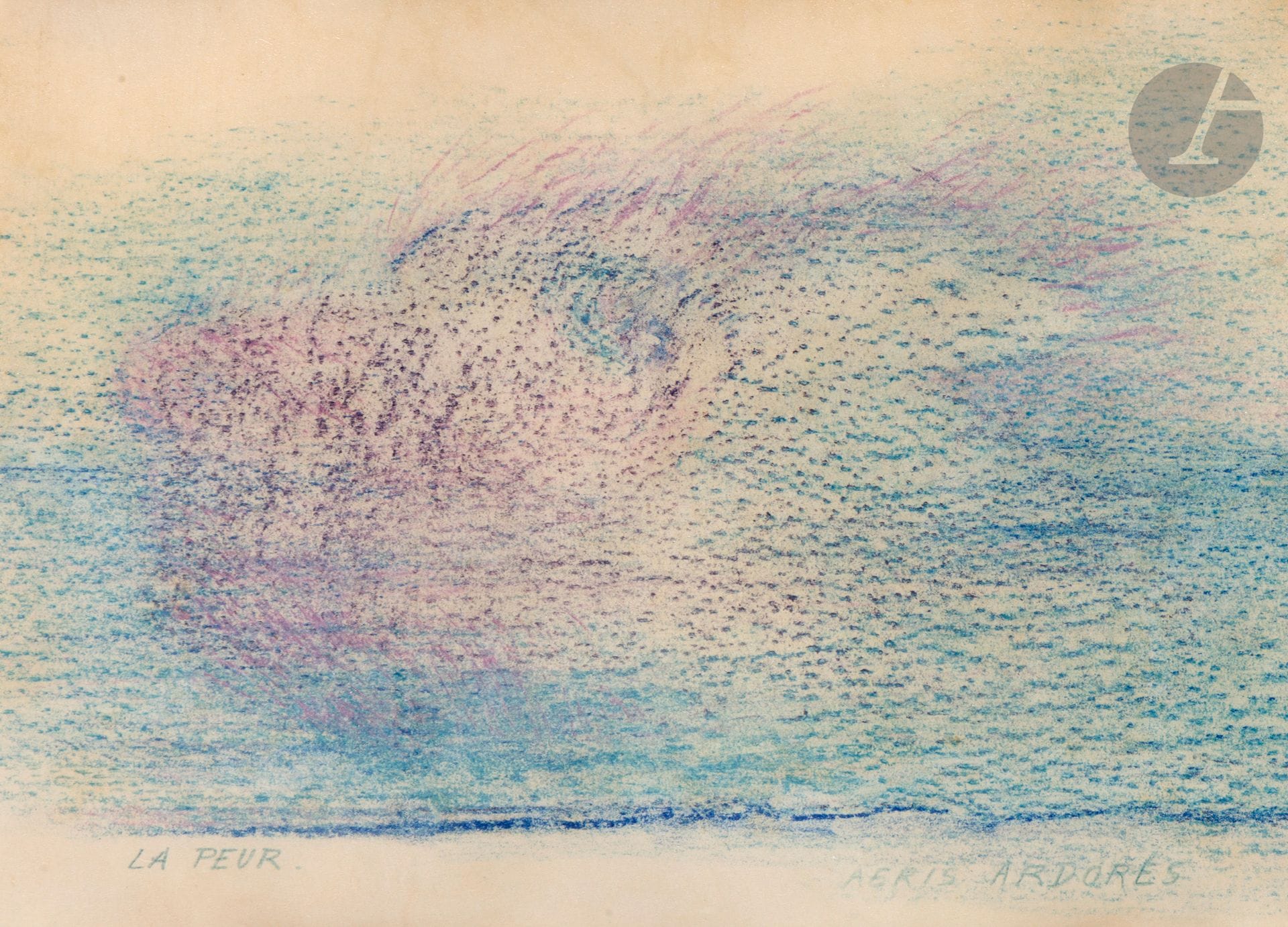 Valentine HUGO (1887-1968)
La Peur, Aeris Ardores, 1962
Crayons de couleur.
Légendé.
Signé, daté et dédicacé «pour le cher Gaston Ferdière avec affection et admiration» sur le carton de l’ancien montage au dos.
13 x 18 cm