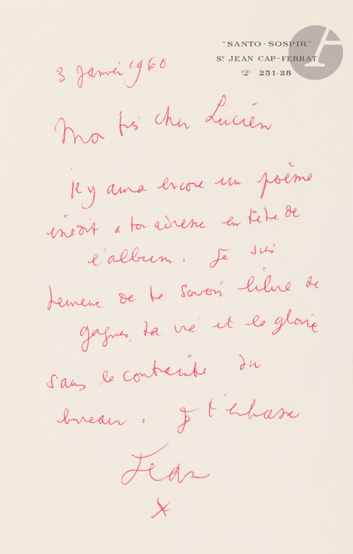 Jean COCTEAU (1889-1963) 
4 L.A.S., janvier-février 1960; 6pages in-8, 2 enveloppes.
Santo-Sospir 3 janvier. «Il y aura encore un poème inédit à ton adresse en tête de l’album. Je suis heureux de te savoir libre de gagner ta vie et la gloire sans la contrainte du bureau»…
Milly 20 janvier. «J’ai cru naïvement qu’un poème qui t’était dédié – ce que je n’ai jamais fait pour personne – était davantage qu’une ligne typographique et symbolisait davantage ce que je te dois. En ce qui concerne l’affaire Seghers Éluard, je voulais simplement te dire que ces choses arrivent en dehors de notre volonté»…
Saint-Moritz 20 février. «Ne t’en fais pas. Voilà 50 ans que je lutte et que je jette toute ma fortune morale sur la table verte. Il a fallu un demi-siècle pour que j’obtienne une espèce d’attention respectueuse dont tu as été le témoin. La photo peut très bien passer (car j’expliquerai pourquoi elle n’est pas de la qualité des autres, MAIS le vrai truc consisterait à prendre une des images un peu plus loin lorsque nous sommes déjà transparents. Aussi le flou nous servirait au lieu de nous desservir»…
Saint-Moritz 20 février. «Qui aurait pu croire que le film recevrait cette grande réponse des jeunes et de la critique? Mais (ceci à ton adresse) il m’a fallu 40 ans de lutte pour vaincre l’obstacle, Paris est une ville qui “refuse” et qui oblige à se surpasser sans cesse. Répète-toi la phrase de Doniol-Valcroze dans son article sur Le Testament. “Ce film ne peut être jugé. Il juge.” Ainsi tes nus et tes étangs jugent-ils ceux qui les aiment et ceux qui ne savent les voir»...
CCC p. 74-75.

Les lots 24 à 68 sont vendus sur enchères provisoires avec faculté de réunion.