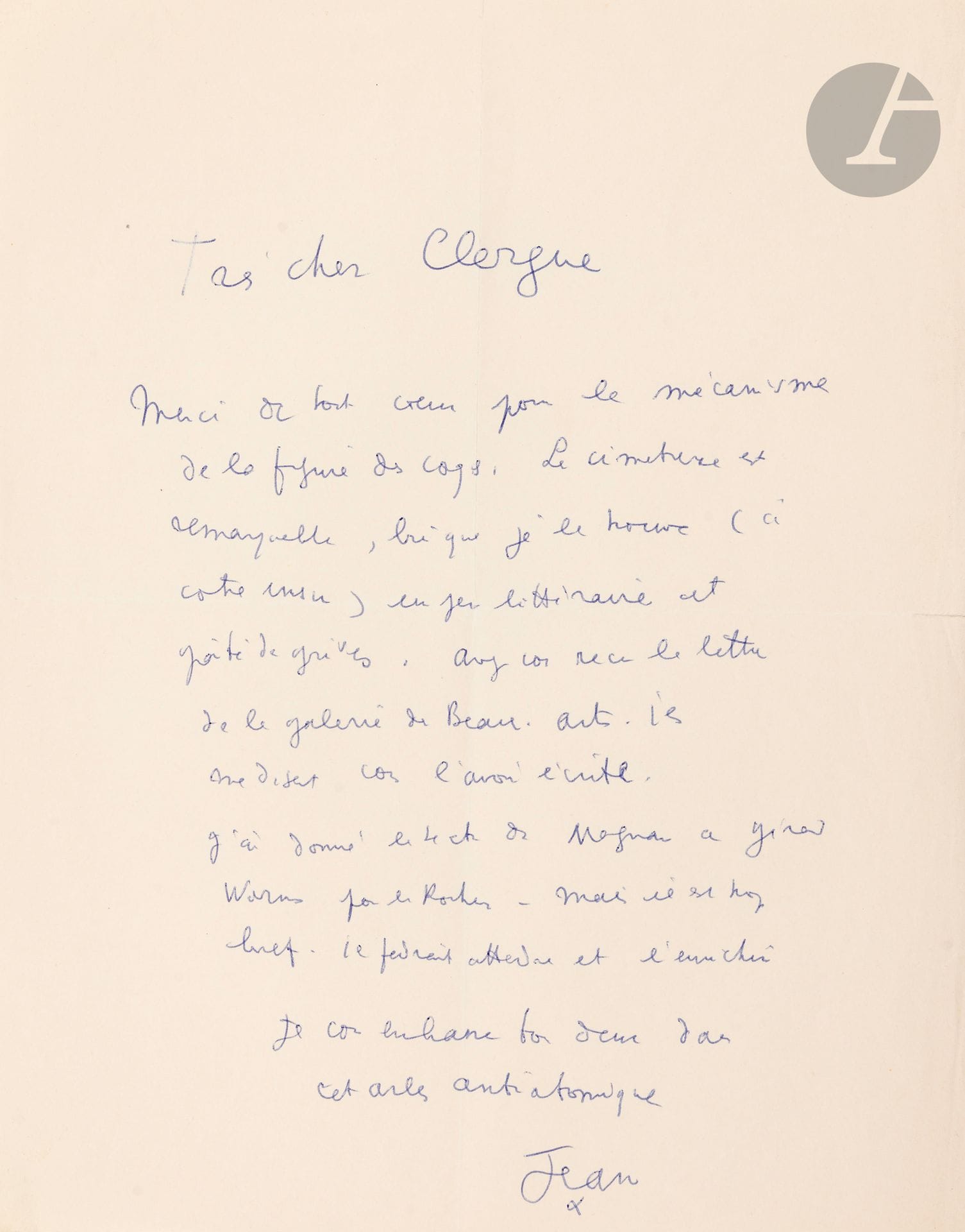Jean COCTEAU (1889-1963) 
3 L.A.S., Saint-Jean Cap Ferrat juillet-août 1956; 4pages in-4 (une à en-tête de Santo-Sospir), 2 enveloppes (fente à la 1re lettre).
26 juillet. «L’optique admirable d’Arles est celle de Venise où il n’y a pas de voitures. Ma méthode est de vivre à Venise et dans votre Arles sans y être et même à Paris – car ce calme vous donne la bougeotte – alors que la beauté fait ce qu’elle veut et dérange les lignes à sa manière». En revenant de Venise, il a trouvé 314 lettres: «Bien sûr que de cette tour de Pise, j’ai tiré celles de Jean Marais – celle de Genet et la vôtre — mais il est difficile de comprendre que pour la première fois un poète inconnu s’est caché sous le masque de la célébrité. Tant qu’on ne comprendra pas ce drame, on ne comprendra RIEN de ma personne. Il fallait remplacer le masque du silence et du vide, par celui du vacarme et du plein […] vous et Magnan êtes presque les seuls dignes de comprendre l’incompréhensible et si les gens me comprenaient ma méthode serait postiche. Raymond Radiguet m’a enseigné cette forme nouvelle de souffrance et d’échec (souffrance, échec sans lesquels on n’est rien). Je vous conjure de ne pas courir après une gloire qui se fait toute seule et selon vos mérites. Laissez-moi organiser cette exposition et dans le calme. La hâte est une catastrophe». Et il ajoute: «Pensez à mon fils adoptif Edouard Dermit qui est, à mon estime, le peintre le plus admirable de notre époque et qui, non seulement ne cherche aucune réussite ni à montrer ses toiles, mais évite même de peindre. Je le salue avec respect et j’emmerde le monde entier sauf quelques personnes dont vous êtes et que je supplie de comprendre».
[11 août]. «Merci de tout cœur pour le mécanisme de la figure des coqs. Le cimetière est remarquable, bien que je le trouve (à votre insu) un peu littéraire et pâté de grives»… Il a transmis le texte de Jean-Marie Magnan aux éditions du Rocher.
20 août. «Merci cher Lucien pour cette merveilleuse épreuve (c’est le terme exact) du merle d’Arles. Il y a une foule de photographes qui suivent ma besogne du Cap d’ail. Mais hélas leur objectif n’est qu’un 3e œil pareil aux deux autres qui ne savent pas voir. Que ne vivons nous tous ensemble? Le théâtre grec serait sous les murailles des Chevaliers de Malte et nous n’aurions plus besoin de la poste pour échanger nos vœux»…

On joint une lettre de Lucien CLERGUE à Cocteau, Arles, 17 juillet 1956 (double carbone; 4p. in-4).
CCC p. 22-24.

Les lots 24 à 68 sont vendus sur enchères 
provisoires avec faculté de réunion