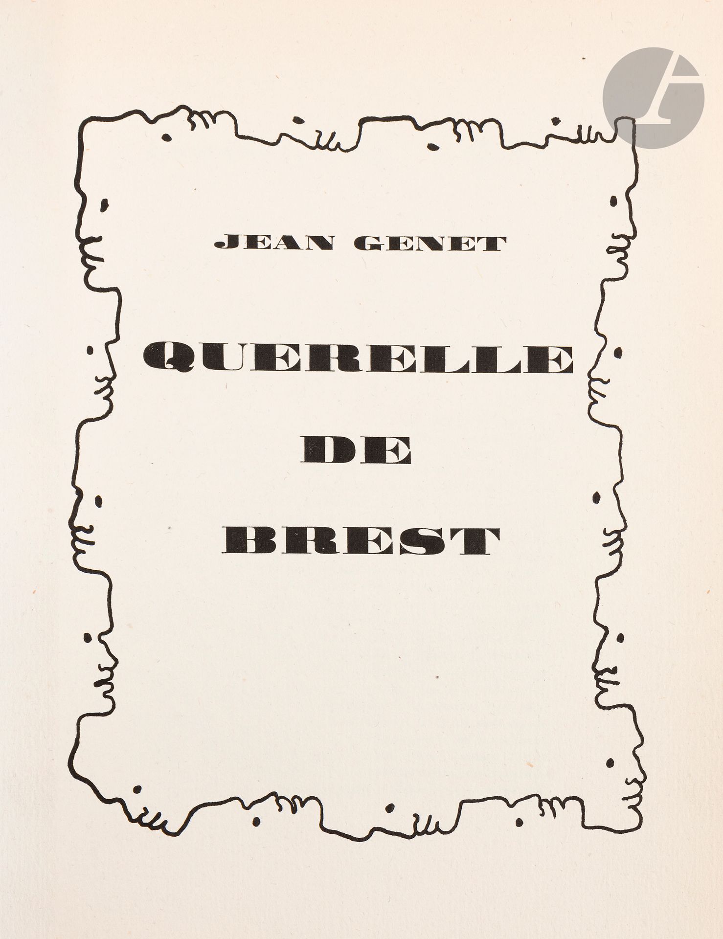 Jean COCTEAU (1889-1963) - Jean GENET (1910-1986) 
Querelle de Brest. 
[Paris : Paul Morihien, 1947]. — In-4, 31,2 x 23,6 cm : 305 pp., (3 ff. deux derniers blancs), couverture illustrée. Broché, couverture rempliée, deux plats de la chemise cartonnée d’édition. 

Édition originale clandestine, hors commerce, publiée sans date ni mention d’éditeur par Paul Morihien. Elle est illustrée de 30 lithographies de Jean Cocteau, dont un encadrement sur le titre, répété sur la couverture et 29 compositions érotiques à pleine page.
Tirage à 525 exemplaires. Un des 500 sur vélin à la forme, celui-ci étant plus spécifiquement l’un des 460 numérotés en chiffres arabes (n° 346).

Exemplaire complet de la note de l’auteur sur un feuillet volant commençant en ces termes : «Une brusque lassitude nous a fait abandonner «Querelle» qui déjà s’effilochait.»
Chemise réparée mais très fragile. Mouillure dans la marge supérieure de plusieurs feuillets.