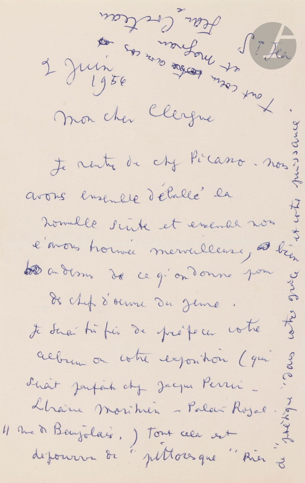 Jean COCTEAU (1889-1963) 
2 L.A.S., June 1956; 1page in-8, and 1page in-4.
June 2. "I've just returned from Picasso's house. Together we unpacked the new suite and together we found it marvelous, far above what is given for masterpieces of the genre. I'd be very proud to preface your album or your exhibition (which would be perfect at Jacques Perrin - Librairie Morihien - Palais-Royal, 11 rue de Beaujolais). None of this is "picturesque". Nothing "poetic" about your grace and power". 
June 9th. "Thank you from the bottom of my heart, my dearest Clergue. I think I'll even use one of your birds as a model for one of my frescoes. In this way, I will greet your presence. Tomorrow I'm off to the Oxford medieval festival"...

We enclose 3 letters from Lucien CLERGUE to Cocteau, May-June 1956, including 2 minutes a.s. and a double carbon.
CCC p. 20-21.

Lots 24 to 68 are sold on provisional 
with possibility of reunion