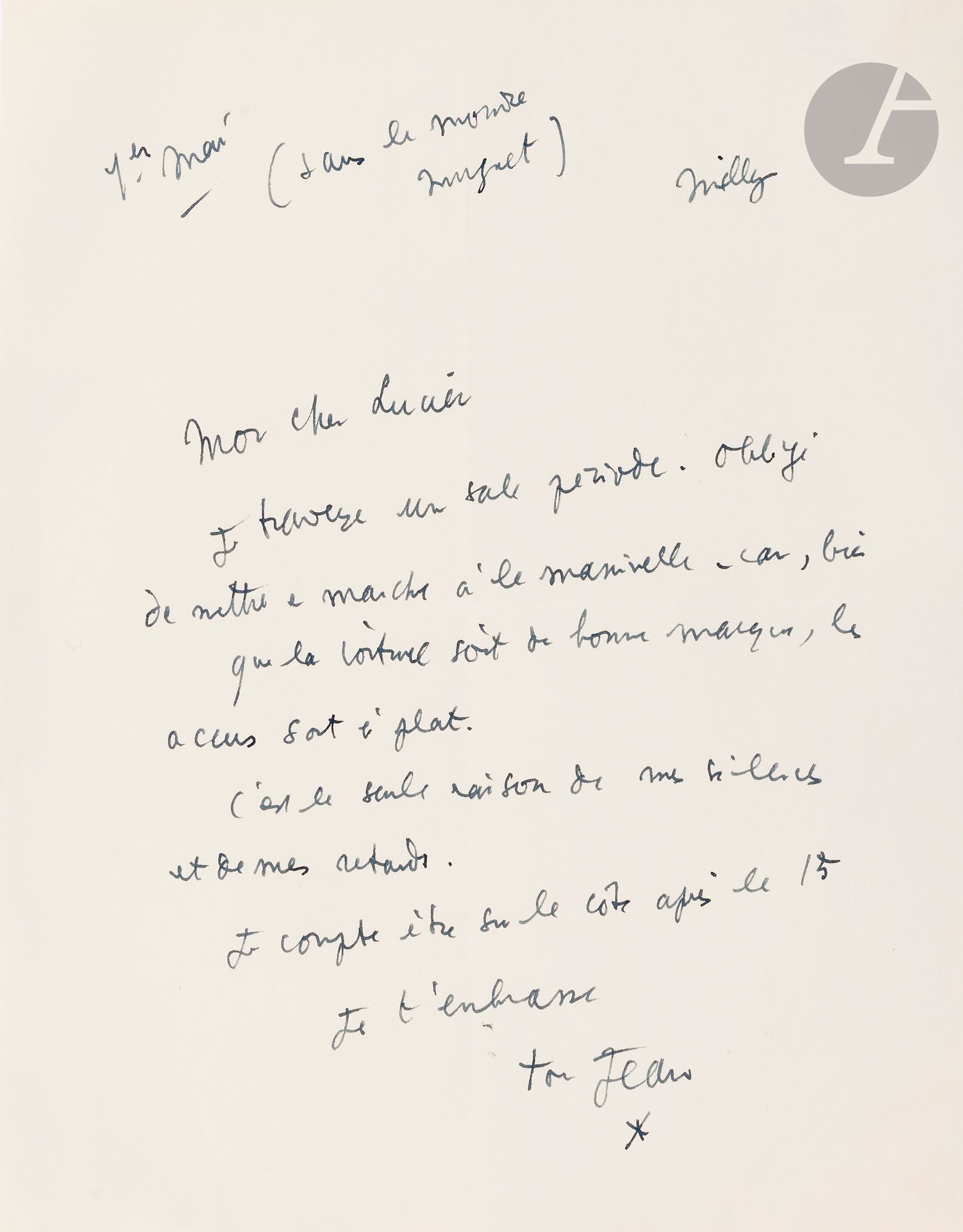 Jean COCTEAU (1889-1963) 
3 L.A.S., May-August 1962; 1page in-4 each (2 on Santo-Sospir letterhead).
Milly May 1st. "I'm going through a bad period. Forced to crank up the engine because, although the car is a good make, the batteries are flat. This is the only reason for my silences and delays"...
Santo-Sospir August 12. The Cap d'Ail theater is at Clergue's disposal. Its director "Moreau is a lovely guy, but he's overwhelmed by photographers. He mistook you for one of them. I sent you 4 verses for the bulls. But if you prefer a text, write it to me"...
Santo-Sospir August. He has the wrong address. Jean-Marie [Magnan] will give him his letter. "It's very serious and very important for all of us. (Opening of new opera house). I'll start work next week. (You can do a montage. Don't be shy)"...
CCC p. 79

Lots 24 to 68 are sold by provisional auction with the option of reunion.