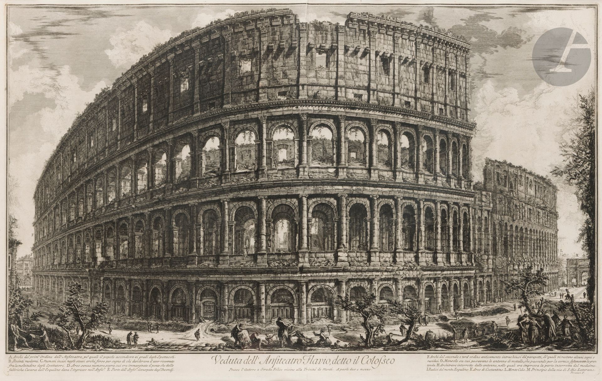 Giambattista PIRANESI (1720-1778) 
Veduta dell’ Anfiteatro Flavio, detto il Colosseo (Vue de l’amphithéâtre Flavien, dit le Colisée). 1757. 
Eau-forte et burin. À vue : 45 x 71 cm. Hind 57. Très belle épreuve sur vergé fort, du 1er état (sur 4), avant effaçage de l’adresse et du prix. Pli vertical médian normal. Marges. Tirage romain. Cadre (non examinée hors du cadre).