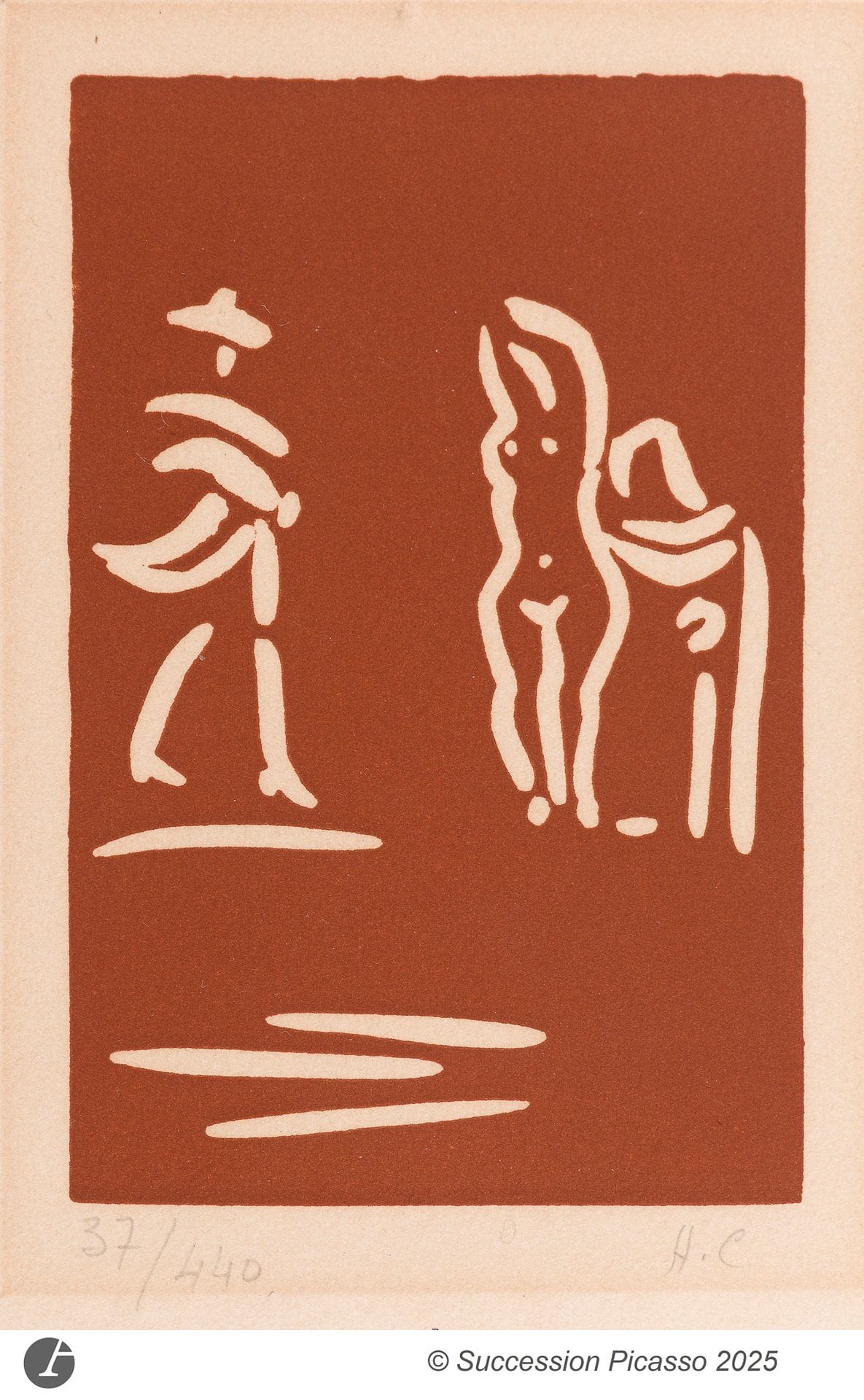 Pablo PICASSO (1881-1973)
La Célestine avec une femme et un cavalier à pied. 15 novembre 1968. 
Linogravure. 17,5 x 11,4 cm. Bloch 1461 ; Baer 1853 B b. Impression en brun. Belle épreuve du tirage en carte de vœux pour Madoura pour 1968, sur vélin remplié avec texte imprimé à l’intérieur, avec envoi de S. Ramié au stylo-bille, numérotée et annotée «H.C.» au crayon. Oxydation à l’ouverture du passe-partout. Bande de papier gommé sur le pourtour et épidermure en tête du dernier plat. Tirage à 440 épreuves. 

Exposition :
De Clergue à Picasso, musée Réattu, Arles, 4 octobre 2014 – 4 janvier 2015.