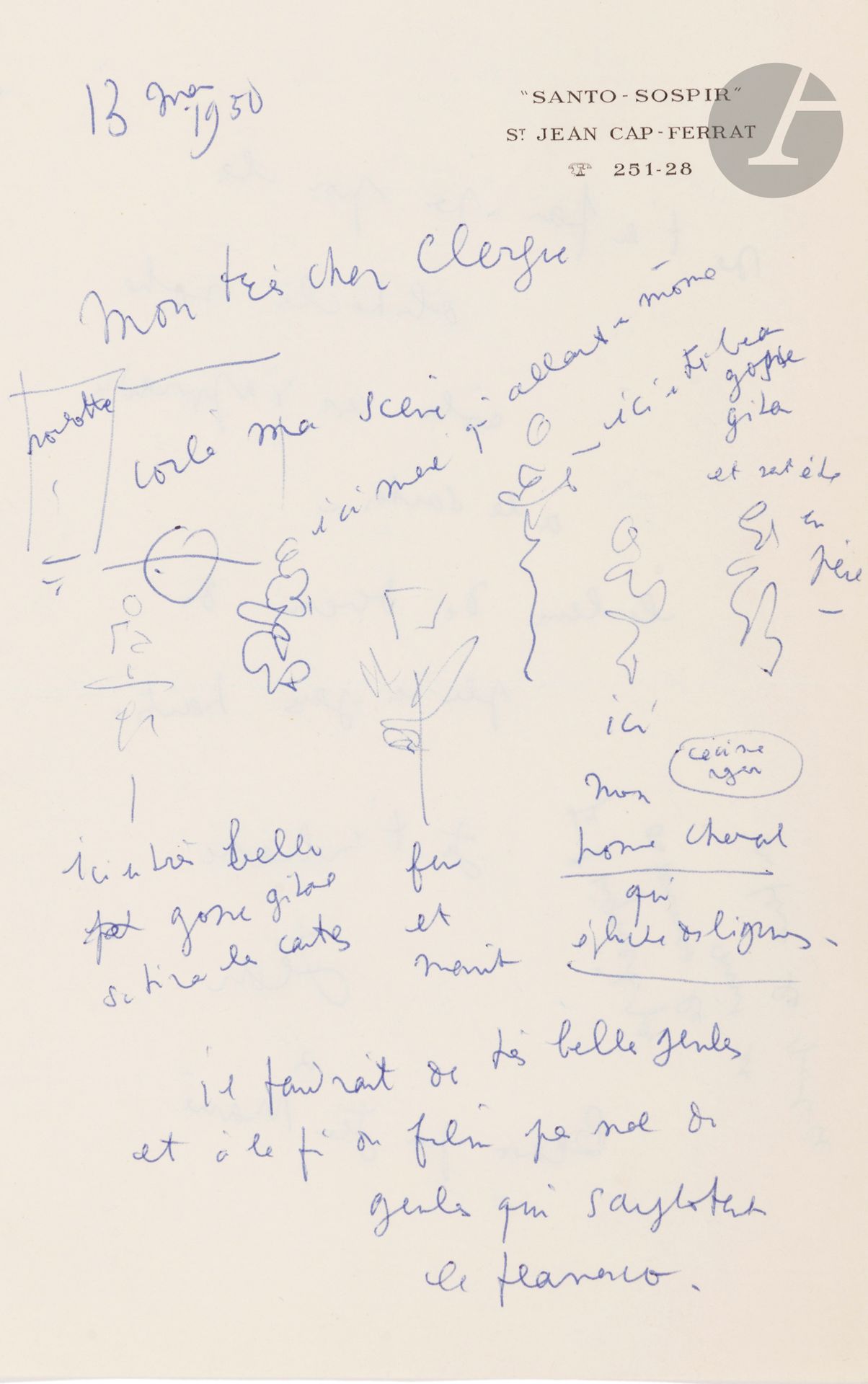 Jean COCTEAU (1889-1963) 
L.A.S. with sketch, Saint-Jean Cap-Ferrat May 13, 1959; 2pages in-8 on Santo-Sospir letterhead.
He sketches a scene from his film [Le Testament d'Orphée], with captions: "roulotte - ici mère qui allaite un môme - ici très beau gosse gitan [...] ici très belle gosse gitane se tirant les cartes [...] ici mon homme cheval qui épluche des légumes."
He adds: "You'd need some very pretty faces, and by the end of the film, a lot of faces sobbing flamenco. Don't worry about the obstacles: our role is to learn how to jump them, theirs is to get higher and higher"...

Enclosed a telegram from Cocteau (June 25, 1959); and 4 letters from Lucien CLERGUE to Cocteau (double carbon), May-June 1959.
CCC p. 68-69.

Lots 24 to 68 are sold by provisional auction with the option of reunion.