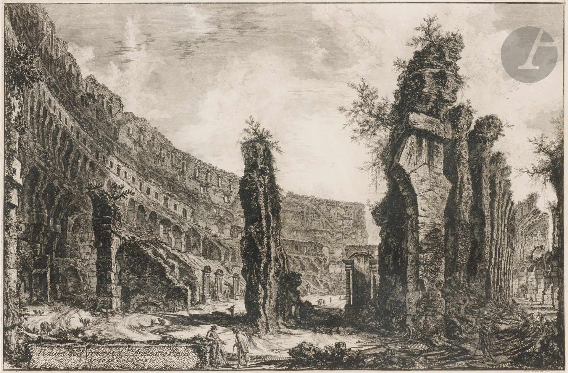 Giambattista PIRANESI (1720-1778) 
Veduta dell’ interno dell’ Anfiteatro Flavio, detto il Colosseo (Vue de l’intérieur de l’amphithéâtre Flavien, dit le Colisée). 1766. 
Eau-forte et burin. À vue : 46,5 x 70,5 cm. Hind 78. Très belle épreuve sur vergé fort, du 2e état (sur 5), avec l’éraillure dans l’angle inférieur gauche mais avant les numéros. Pli vertical médian normal. Marges. 1er tirage parisien. Cadre (non examinée hors du cadre).