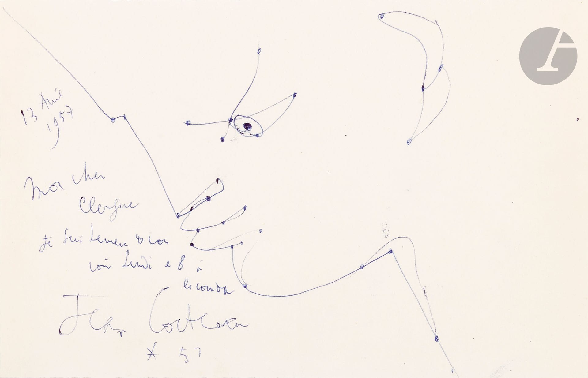 Jean COCTEAU (1889-1963)
L.A.S. with drawing, April 13, 1957; 1page oblong in-8 (13.5 x 20.5 cm).
Large profile in blue ballpoint pen.
In margin, Cocteau wrote: "Mon cher Clergue Je suis heureux de vous voir le 8 à la corrida. Jean Cocteau".
CCC reprod. in Documents.

Lots 24 to 68 are sold on provisional 
with possibility of reunion