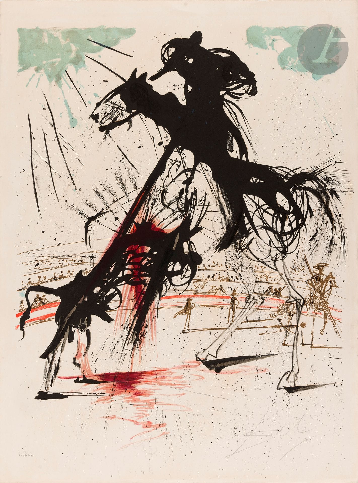 Salvador DALÍ (1904-1989)
Picador. (Pl. 5 pour la suite Tauromachie / Bullfight). 1966. 
Lithographie. [76,8 x 56,4 cm]. Michler et Löpsinger 1156. Impression en couleurs. Belle épreuve sur vélin crème, avec le copyright imprimé de la galerie Phyllis Lucas, numérotée et revêtue d’une signature au crayon. Deux courtes déchirures et trace de plis aux bords du feuillet. Toutes marges. Tirage à 300 épreuves.