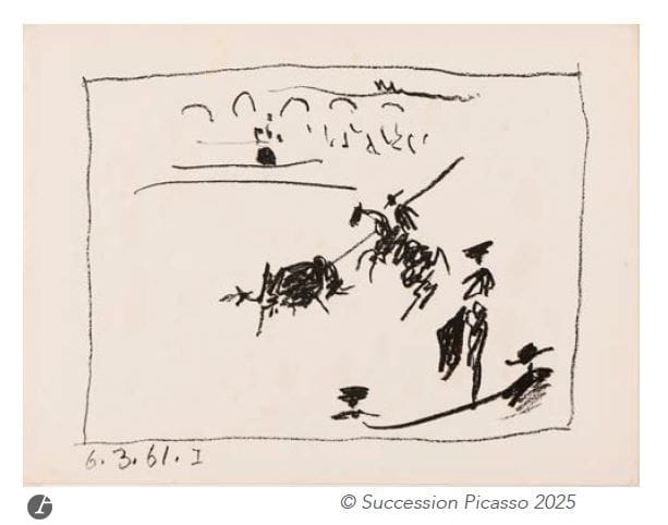 Pablo PICASSO (1881-1973)
La Pique. (Pl. pour Jaime Sabartés, A los toros, Monte-Carlo, André Sauret, 1961). 
Lithographie. [24,5 x 31,8 cm]. Bloch 1014 ; Güse-Rau 712. Très belle épreuve sur vélin. Toutes marges. 

Exposition :
De Clergue à Picasso, musée Réattu, Arles, 4 octobre 2014 – 4 janvier 2015.