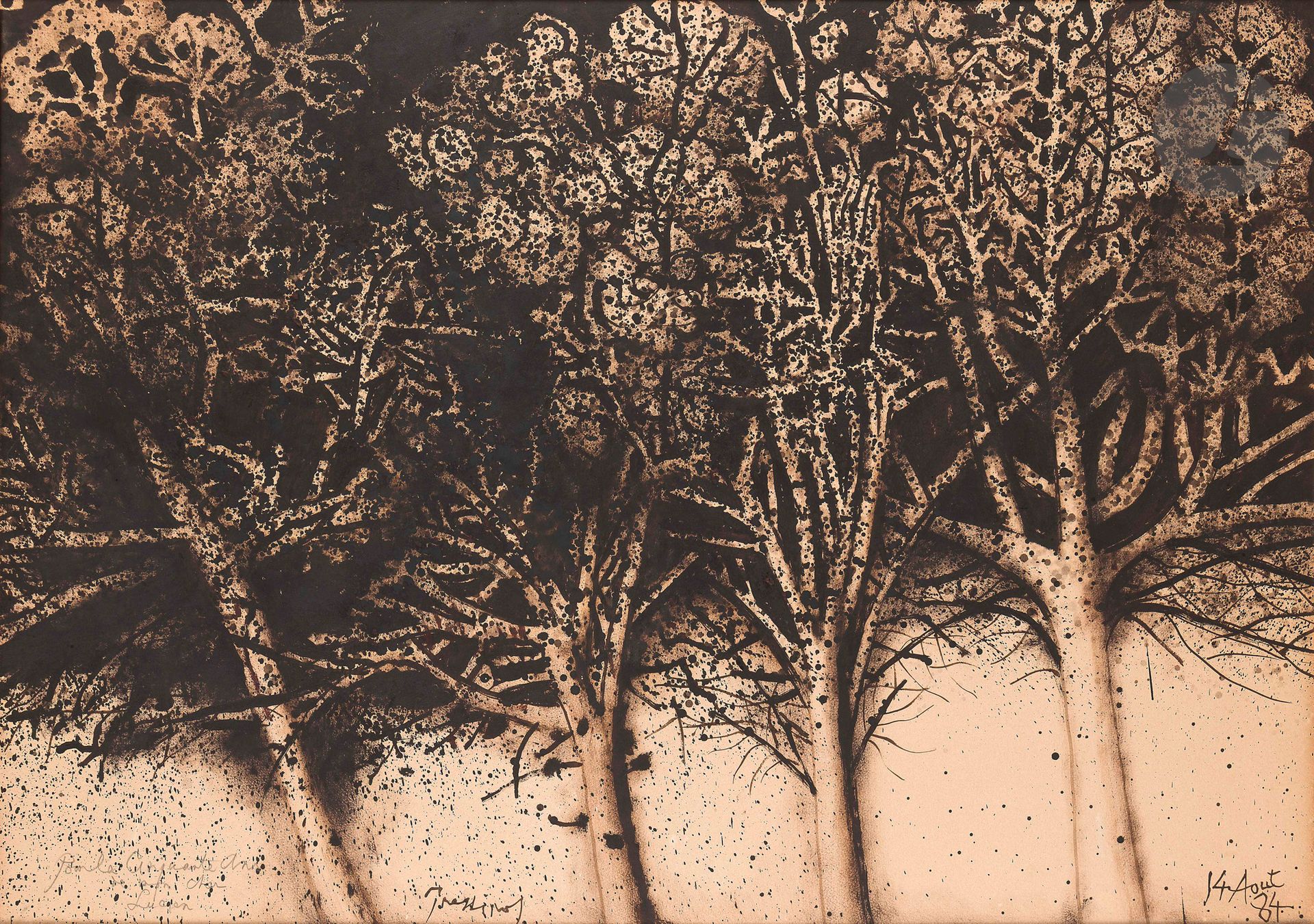 Mario PRASSINOS (1916-1985)
Les Arbres, 1984
Huile sur papier marouflé sur toile.
Signée en pied.
Datée «14 aout 84» en bas à droite.
Dédicacée «Pour les cinquante ans de mon cher Lucien» en bas à gauche.
75 x 105 cm

Un certificat de Madame Catherine Prassinos, expert membre de l’Union Française des Experts (UFE) pour l’œuvre de M. Prassinos, en date du 11 février 2025, sera remis à l’acquéreur.