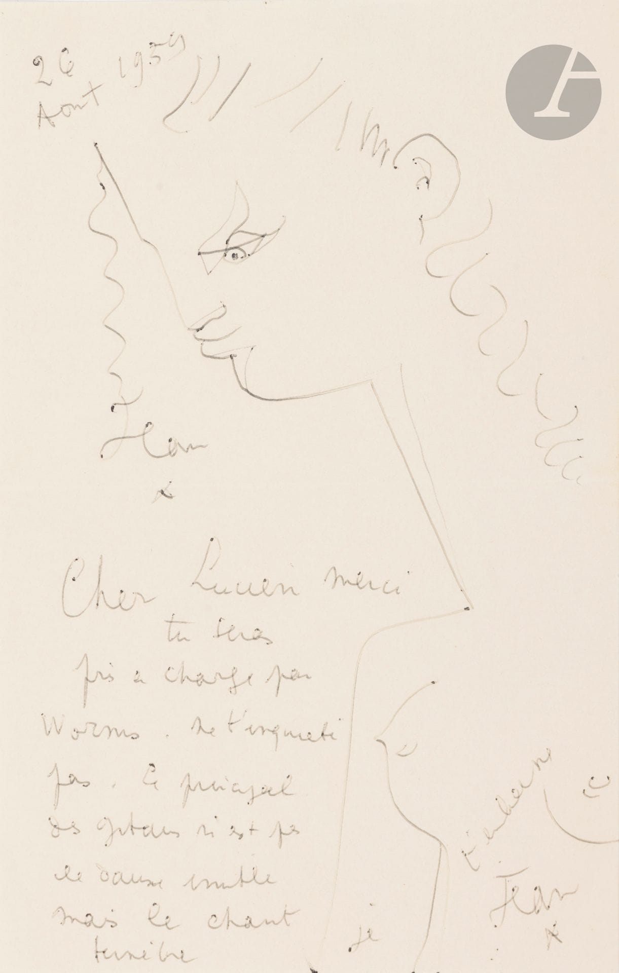 Jean COCTEAU (1889-1963) 
L.A.S. with drawing, August 26, 1959; 1page in-8 (21 x 13.5 cm).
Large mid-body profile of a woman, in black ballpoint pen.
On the side, Cocteau writes: "Cher Lucien, merci, tu seras en charge par Worms. Don't worry. The main thing about Gypsies is not the useless dance but the funeral song"...
CCC p. 70, and reproduced in Documents.

Lots 24 to 68 are sold by provisional auction with the option of reunion.