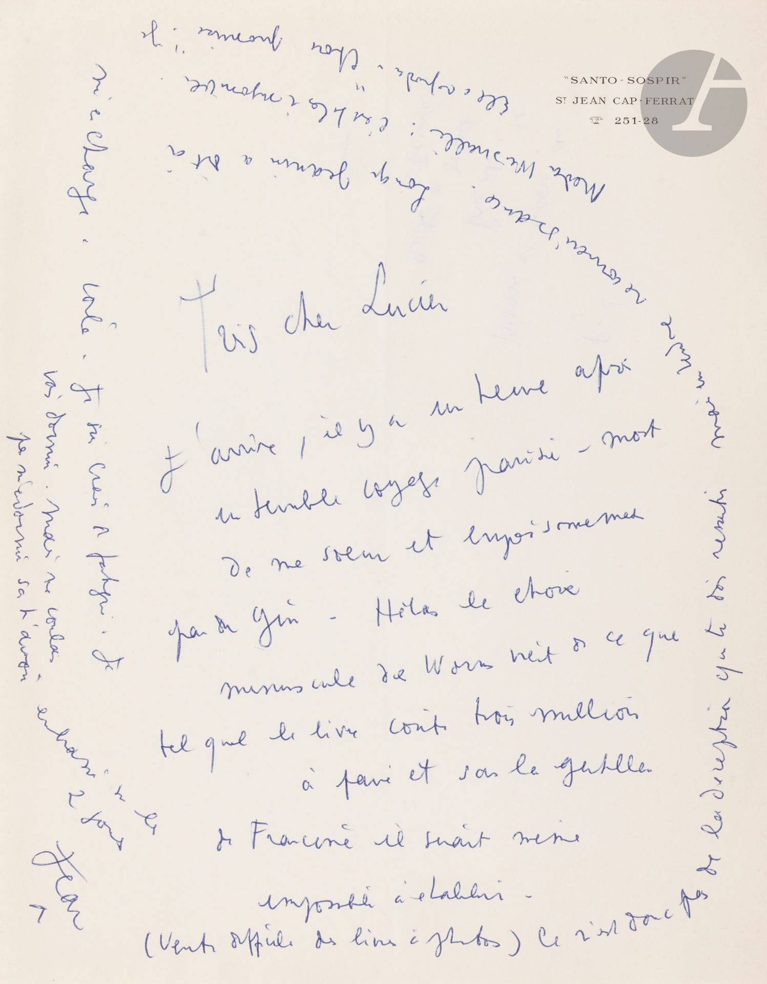 Jean COCTEAU (1889-1963) 
4 L.A.S., janvier-février 1958; 1page in-4 chaque à en-tête de Santo-Sospir (sauf la 2e, écrite au crayon).
[20 janvier]. «J’arrive, il y a une heure après un terrible voyage parisien – mort de ma sœur et empoisonnement par du gin». Il explique le «choix minuscule» de Gérard Worms par le coût du livre, qui aurait été impossible «sans la gentillesse de Francine» [Weisweiller]…
Au dos d’un texte dactyl. de Jean Hugo sur Clergue. «Bien sûr on a choisi les plus belles d’entre les nouvelles de la suite gitane». Que Jean-Marie Magnan envoie ses textes à Paulhan et à Robert Mallet.
30 janvier. «Tout est lutte et la preuve que tes photographies ne sont pas des photographies c’est qu’elles provoquent les mêmes insultes que les toiles et que des poèmes. Je suis très heureux qu’on ne te sacre pas “joli” et “charmant”, mot d’ordre des imbéciles»…
3 février. «Il m’est difficile de rouspéter en personne car la pauvre Francine se saigne aux quatre veines pour aider Gérard [Worms] à remettre debout une affaire où Orengo n’a laissé que des dettes. Mais je t’approuve et j’ai moi-même dû faire recommencer le catalogue de la chapelle pour des raisons fort semblables aux tiennes. Mieux vaut ne pas faire les choses que les faire mal ou à demi. Peut-être estimes-tu qu’il faille rompre – en ce cas n’éprouve aucune gêne à mon adresse car cette époque de misère me dégoûte et m’a poussé à me ruiner exprès en offrant la chapelle aux pécheurs et la Mairie au Maire. Et ces gens trouvent encore le moyen de m’adresser des reproches parce que les impôts leur prennent quelques sous. Ah! misère!... J’en arrive à m’enfermer avec mes poèmes et là encore la moindre édition de luxe est une ruine»…

On joint 4 lettres de Lucien CLERGUE à Cocteau (doubles carbone), janvier-février 1958, et la minute autographe d’un télégramme.
CCC p. 46-49.

Les lots 24 à 68 sont vendus sur enchères provisoires avec faculté de réunion.