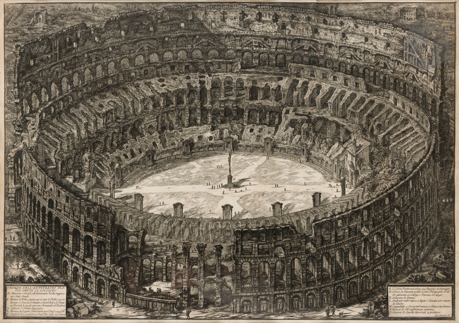 Giambattista PIRANESI (1720-1778) 
Veduta dell’ Anfiteatro Flavio, detto il Colosseo (Vue de l’amphithéâtre Flavien, dit le Colisée). 1776. 
Eau-forte et burin. À vue : 50 x 71 cm. Hind 126. Très belle épreuve sur vergé fort, du 1er état (sur 4), avant les numéros. Pli vertical médian normal. Fine éraflure oblique (ou pli de tirage) pénétrant légèrement dans le sujet à gauche. Marges. Tirage romain. Cadre (non examinée hors du cadre).