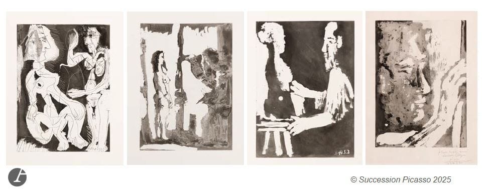Pablo PICASSO (1881-1973) 
Portrait de Rembrandt, 1968
Pierre Reverdy, Sable mouvant, Paris, Louis Broder, 1966. 
Un vol. grand in-fol. [50,5 x 40 cm], en feuilles, sur vélin, sous couverture de vélin rempliée doublée par une couverture de parchemin rempliée portant le titre imprimé, cette dernière très légèrement jaunie, contenant 10 gravures sur feuillets doubles (sauf la dernière sur un seul feuillet), avec texte typographié des poèmes à l’intérieur. Cramer 166. Intérieur très frais. Sur le faux-titre, grand dessin au feutre de Picasso (portrait de Rembrandt) et dédicace : « pour mon cher ami Lucien / Clergue », signé et daté « le 9.4.68. ». L’un des 20 exemplaires numérotés en chiffres romains, celui-ci numéroté XIV, signé par Picasso au crayon. Tirage total à 225 ex. Cartonnage avec titre imprimé sur le dos et étui toilés gris-beige de l’édition. 

Description des planches : 
- Sculpteur au travail. 8 février 1964. Aquatinte. Bloch 1183 ; Baer 1152. 
- Peintre et modèle aux cheveux longs. 8 février 1964. Aquatinte. Bloch 1184 ; Baer 1153. 
- Deux femmes au miroir. 1er mars 1965. Aquatinte, eau-forte, pointe sèche et grattoir. Bloch 1185 ; Baer 1154. 
- Peintre debout à son chevalet, avec un modèle. 8 février 1964. Aquatinte. Bloch 1186 ; Baer 1155. 
- Sculpteur et sculpture. 27 février 1965. Aquatinte, eau-forte et pointe sèche. Bloch 1187 ; Baer 1156. 
- Peintre et modèle accoudé. 8 février 1964. Aquatinte. Bloch 1188 ; Baer 1157. 
- Tête d’homme barbu II. 10-15 mars 1965. Aquatinte au sucre et grattoir. Bloch 1189 ; Baer 1158. 
- Nu accoudé. 26 février 1965. Aquatinte. Bloch 1190 ; Baer 1159. 
- Sculpteur devant sa sellette, avec un peintre barbu. 8 février 1964. Aquatinte. Bloch 1191 ; Baer 1160. 
- Sculpteur. 26 février 1965. Aquatinte. Bloch 1192 ; Baer 1161. Épreuve sur feuillet simple de vélin blanc, dédicacée au crayon « pour mon ami / Lucien Clergue », signée et datée « le 24.3.71 ». Oxydation du feuillet, consécutive à un ancien encadrement, et bandes de kraft gommé sur le pourtour au verso. 
 
 « Sable mouvant est le dernier poème de Reverdy. Il l’avait écrit, à la demande de René Char, pour un recueil réunissant douze poètes et illustré par Jacques Villon – recueil qui ne fut jamais publié. 
Le 17 juin 1960, Reverdy mourut à Solesmes, la célèbre abbaye dans laquelle il s’était retiré en 1926. Sa mort fut discrète ; trois amis seulement avaient été prévenus : Braque, Picasso et Tériade. C’est donc en hommage à Reverdy […] que Picasso consentit à créer les illustrations pour une édition posthume de Sable mouvant. » (Patrick Cramer et al., Pablo Picasso, catalogue raisonné des livres illustrés, Genève, Patrick Cramer éd., 1983, p. 328.) 
 
Exposition : 
De Clergue à Picasso, musée Réattu, Arles, 4 octobre 2014 – 4 janvier 2015. 
 
Un certificat de Claude Ruiz Picasso, en date du 7 janvier 2020, sera remis à l’acquéreur pour le dessin.