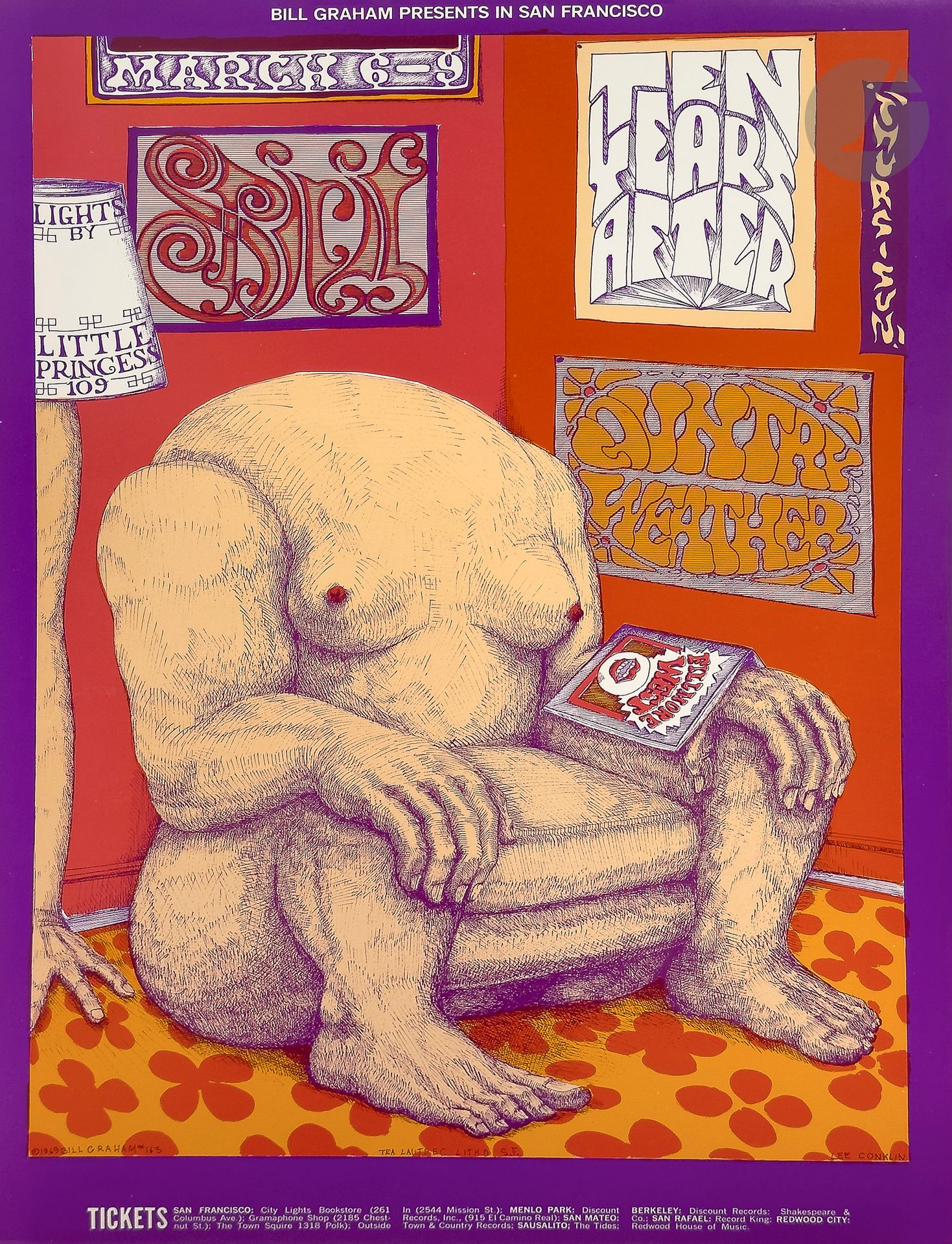 Lee CONKLIN (né en 1941)
 Country Weather, Spirit, Ten Years After, Fillmore West, San Francisco, 6-9 mars 1969
Chromolithographie. Non entoilée.
Bill Graham productions. Tea Lautrec Lith. 
Signée en bas à droite.
54 x 34 cm
  
Bibliographie : Paul D. Grushkin, The Art of Rock, New York, Artabras, reproduit sous le numéro BG 163, p.131.