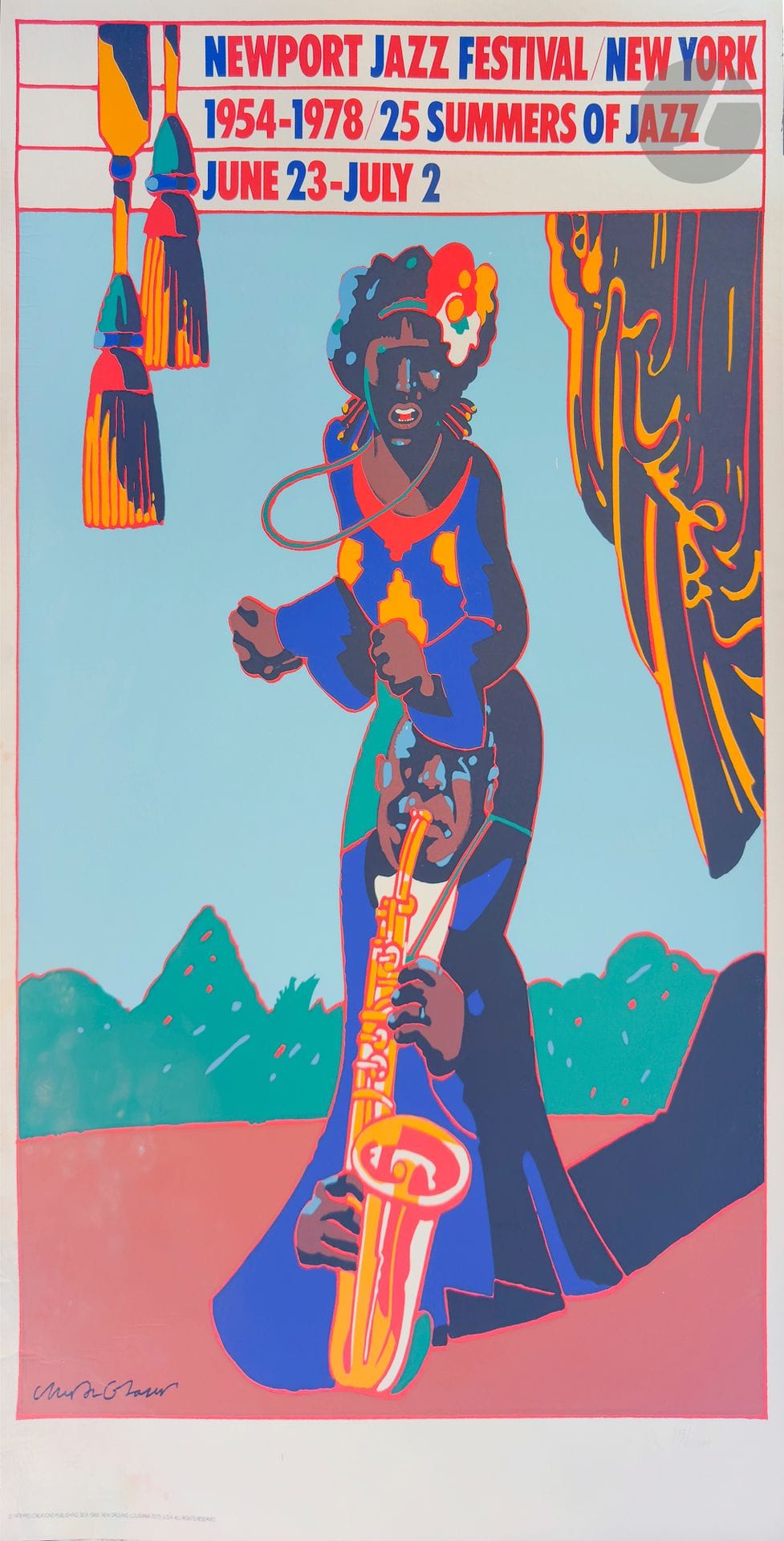 Milton GLASER (1929-2020)
Newport Jazz Festival New-York Summers of Jazz, 1954-1978, 23 juin-2 juillet 1978
Chromolithographie. Entoilée. 
Pro/Creations Publishing, New Orleans.
Signée en bas à gauche. 
Traces d'humidité. Marge gauche affectée. 
71 x 55,5 cm