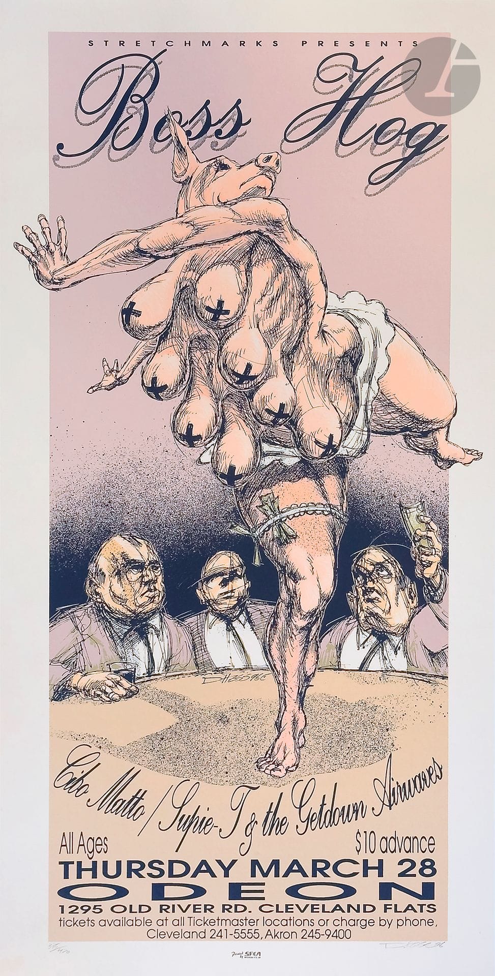Derek HESS (né en 1964)
Boss Hog, Cibo Matto, Supie T. & The Getadown Airwaves, 28 march 1996
Chromolithographie. Entoilée.
Print. SFEA.
Signée au crayon en bas à droite. Numérotée 335/450.
84,5 x 43 cm