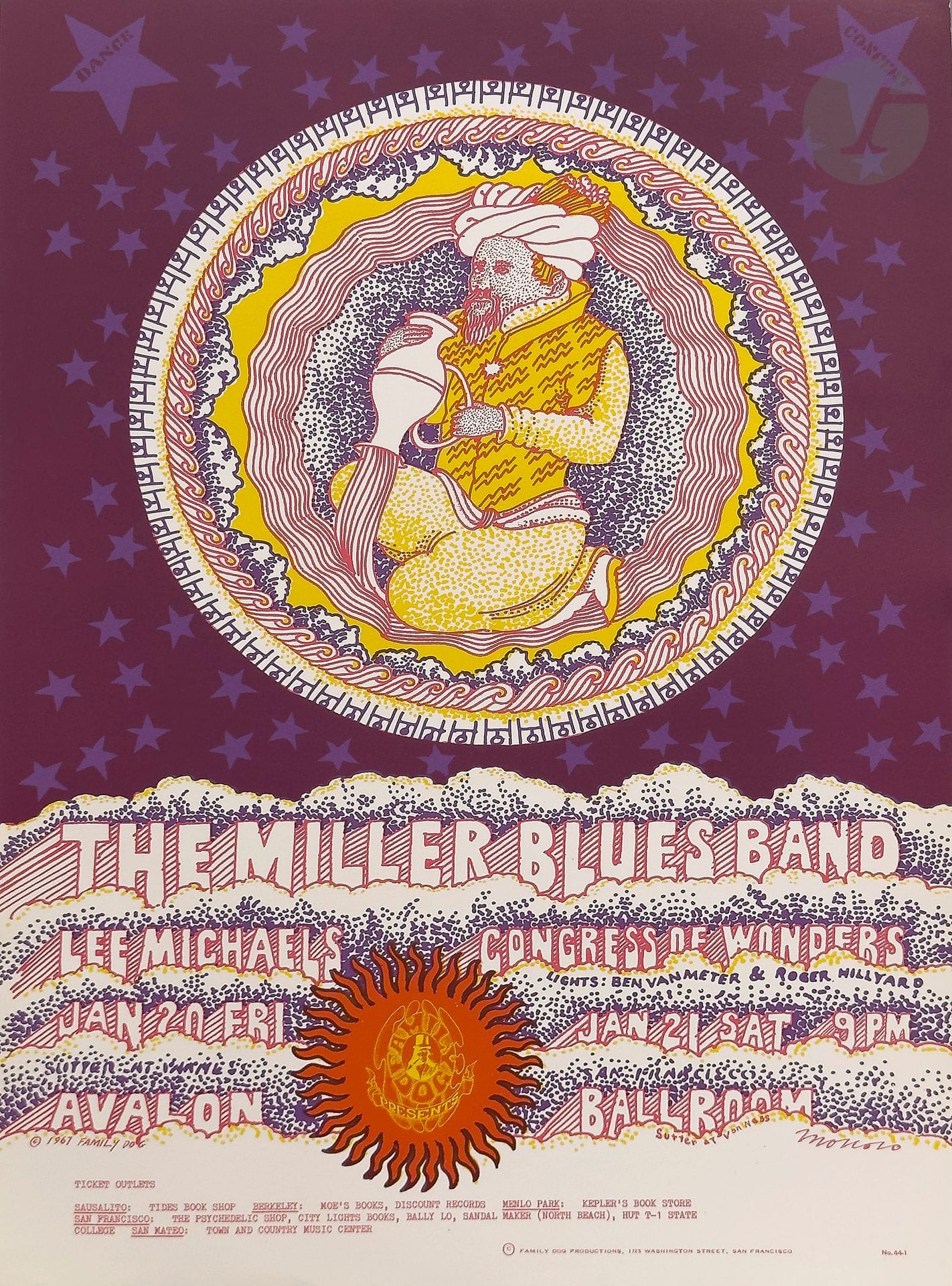 Victor MOSCOSO (né en 1936)
The Miller Blues Band, Lee Michaels, Congress of Wonders, Avalon Ballroom, San Francisco, 20-21 janvier 1967
Chromolithographie. Non entoilée. 
Family Dog productions, San Francisco.
Signée en bas à droite.
52 x 35,5 cm