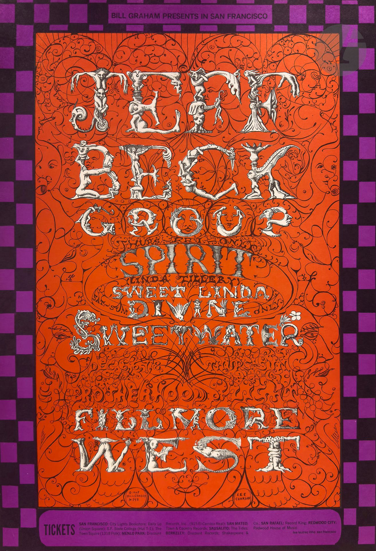 Lee CONKLIN (né en 1941)
Jeff Beck Grove, Spirit Sweet Linda Divine, Sweetwater, Fillmore West, San Francisco, 5-8 décelbre 1968
Chromolithographie. Non entoilée. 
Bill Graham productions. Tea Lautrec Lith. 
Signée en pied
54 x 34,5 cm
  
Bibliographie : Paul D. Grushkin, The Art of Rock, New York, Artabras, reproduit sous le numéro BG 148, p.130.