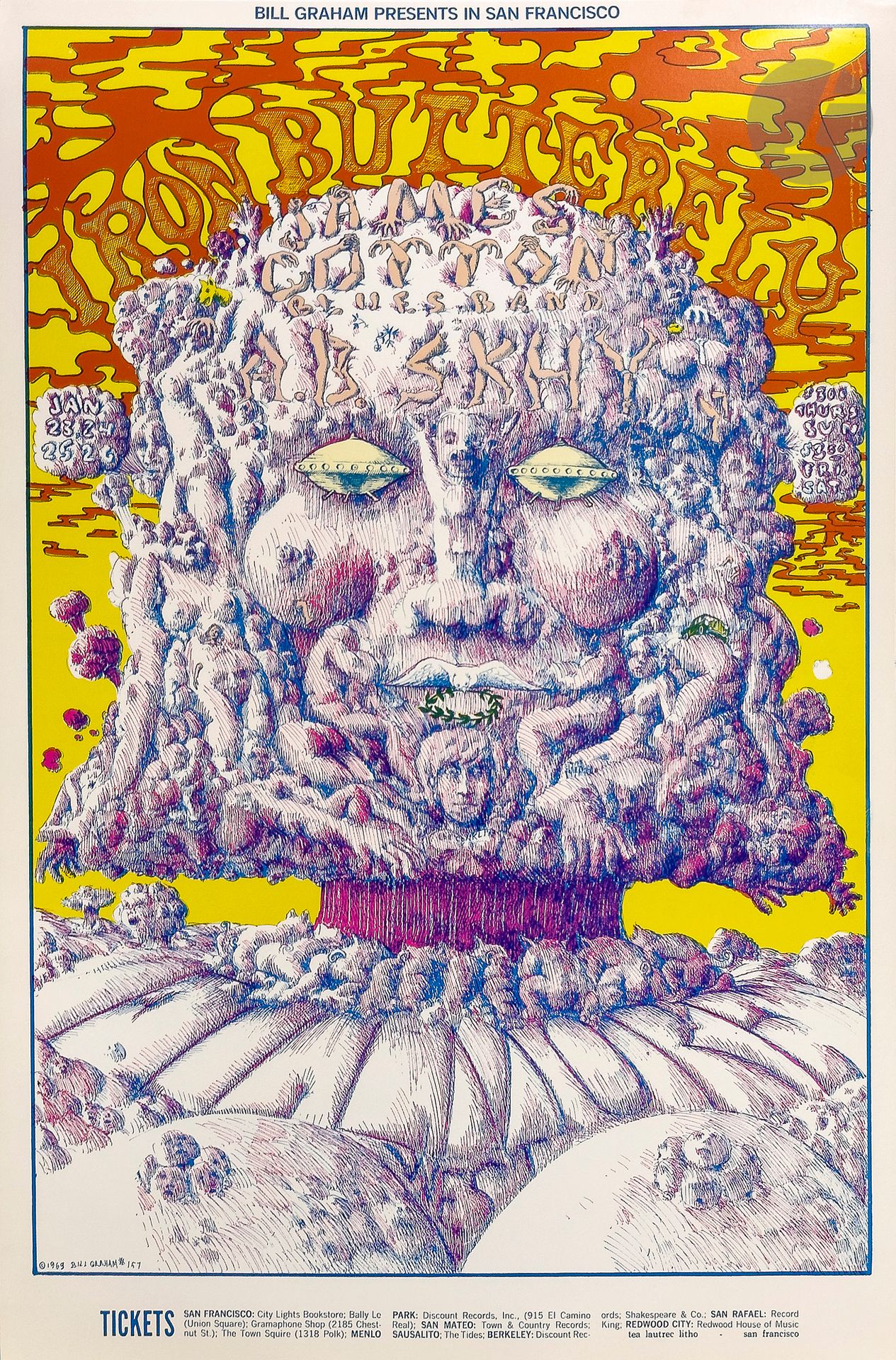 Lee CONKLIN (né en 1941)
Iron Butterfly, James Coptton Blues Band, A.B. Skhy, Fillmore West, San Francisco, 23-26 janvier 1969,
Chromolithographie. Non entoilée.
Bill Graham productions. 
Signée en bas à droite
53 x 35,5 cm
  
Bibliographie : Paul D. Grushkin, The Art of Rock, New York, Artabras, reproduit sous le numéro BG 157, p.131.