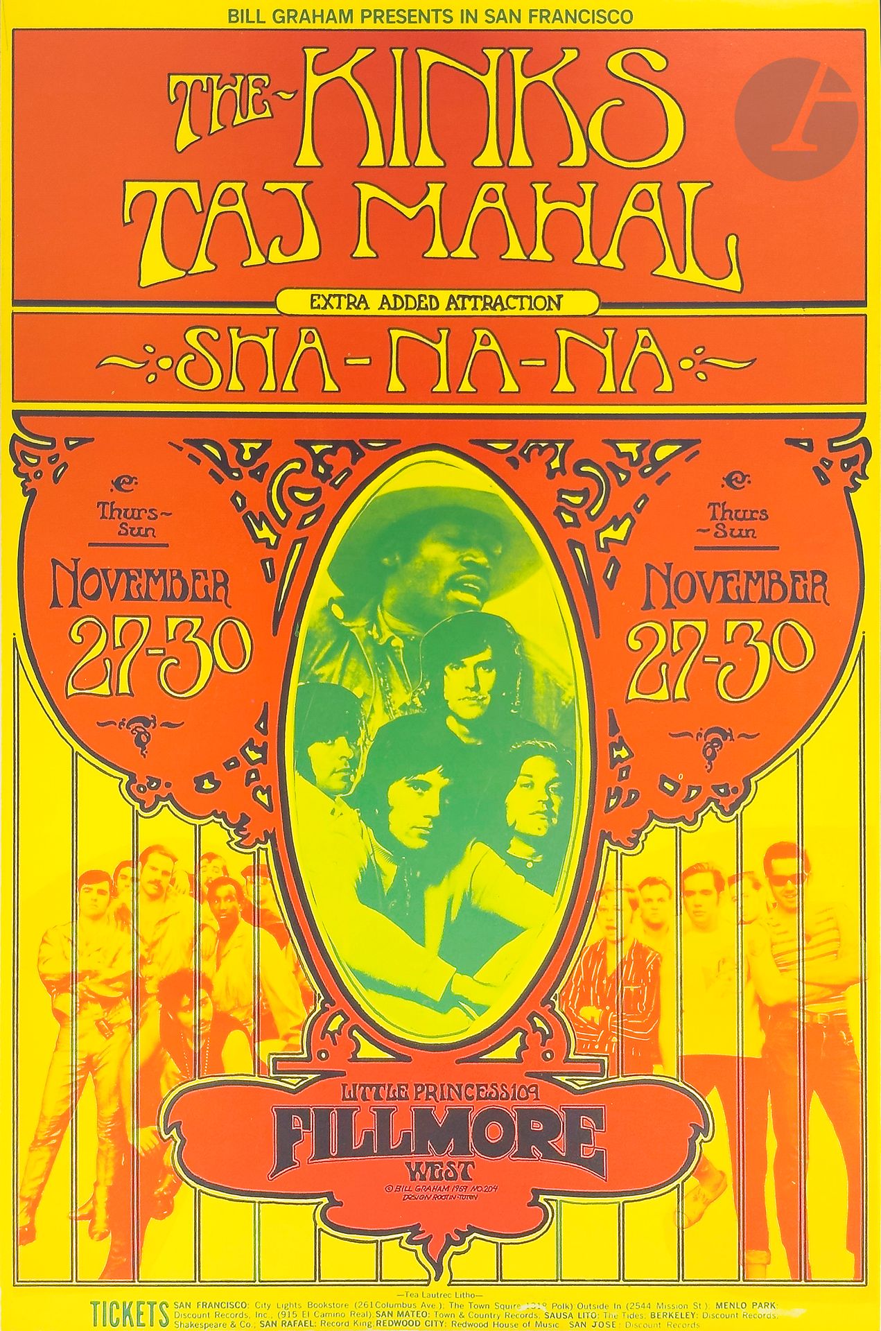 Randy TUTEN (né en 1946)
The Kinks, Taj Mahal, Sha-Na-Na, Fillmore, San Francisco, 27-30 novembre 1969
Chromolithographie. Non entoilée.
Bill Graham productions. Tea Lautrec Lith.
Signée en pied.
55 x 35,5 cm
  
Bibliographie : Paul D. Grushkin, The Art of Rock, New York, Artabras, reproduit sous le numéro BG 204, p.135.