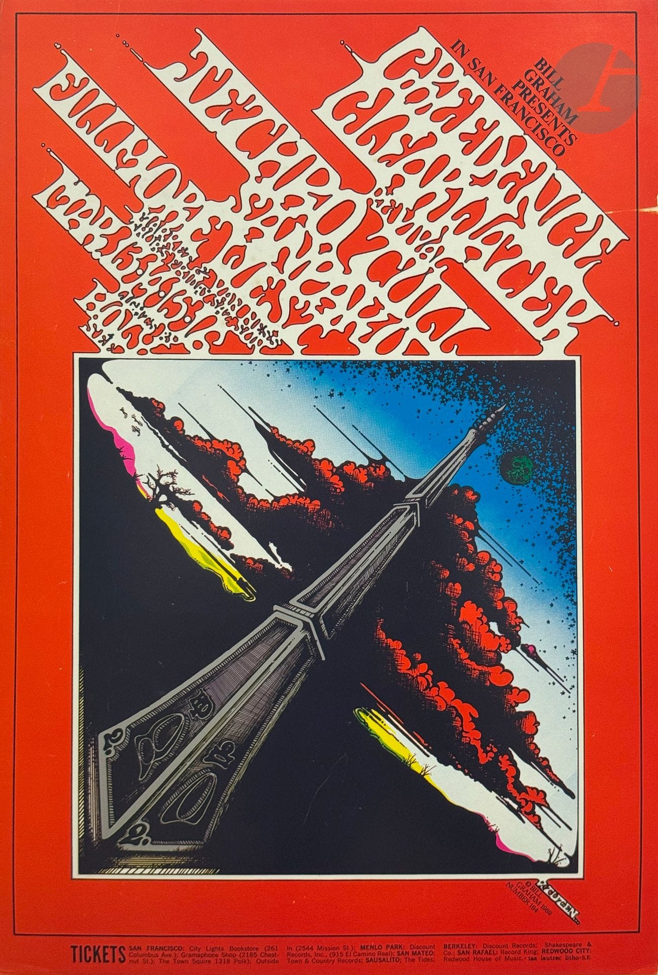 Randy TUTEN (né en 1946)
Creedence Clearwater Revival, Jethro Tull, Sanpaku, Fillmore West, San Francisco, 13-16 mars 1969
Chromolithographie. Non entoilée. 
Bill Graham productions.
Signée en bas à droite
51,5 x 36 cm
  
Bibliographie : Paul D. Grushkin, The Art of Rock, New York, Artabras, reproduit sous le numéro BG 164, p.132.