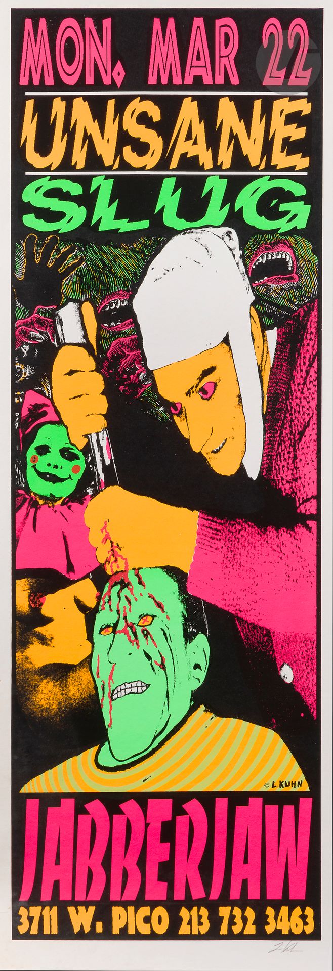 Lindsey KUHN (né 1968)
Unsane, Slug , Jabberjaw, Los Angeles, 22 mars 1993
Chromolithographie. Entoilée.
Signée au crayon en bas à droite. 
88 x 28,5 cm