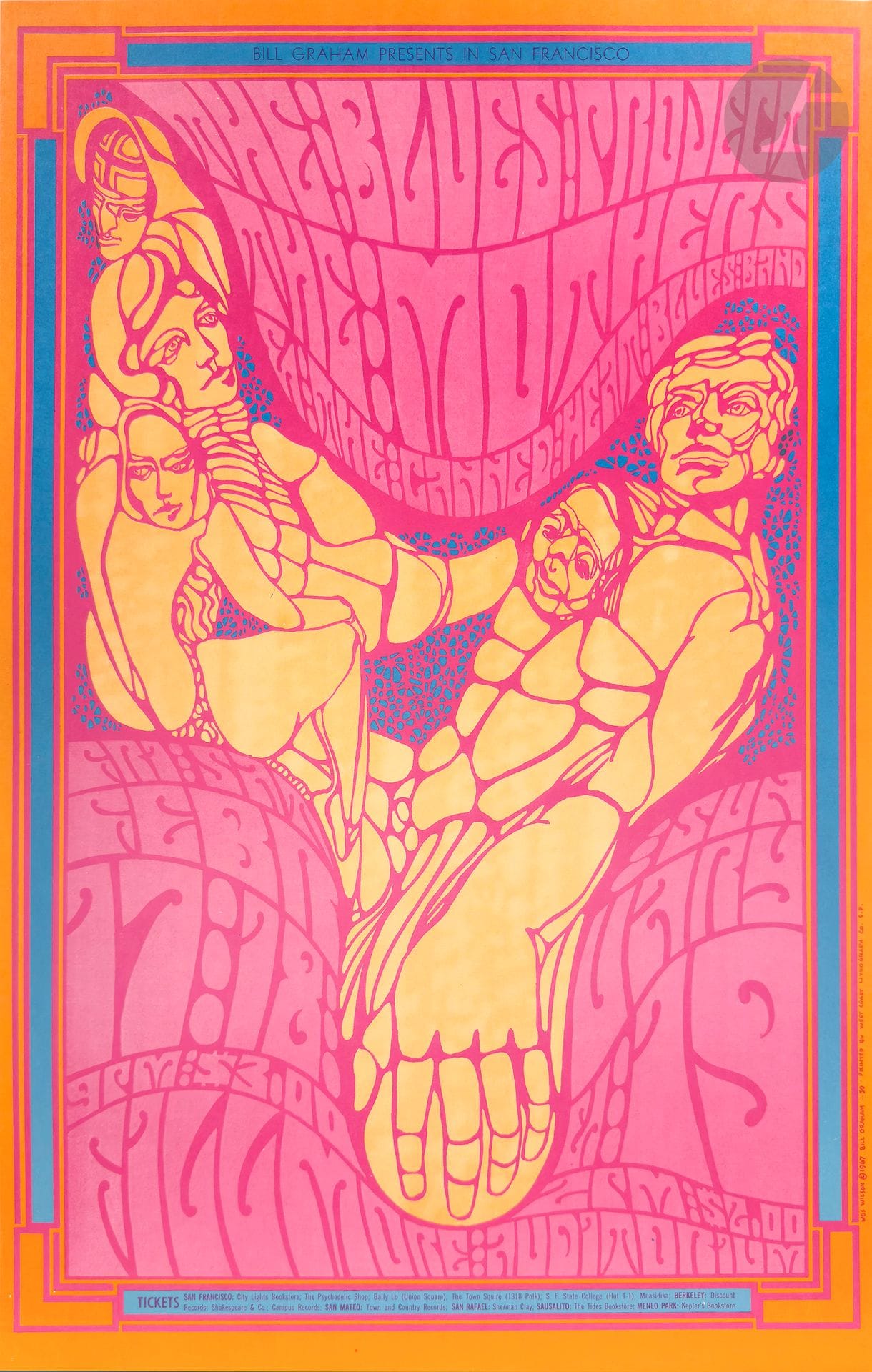 Wes WILSON (1937-2020)
The Blues Project, Mothers Canned Heat Blues Band, Fillmore Auditorium, San Francisco, 17-19 février 1967
Chromolithographie. Non entoilée.
Bill Graham productions. West Coast lith. 
Signée en bas à droite
54 x 34,5 cm
  
Bibliographie : Paul D. Grushkin, The Art of Rock, New York, Artabras, reproduit sous le numéro BG 50, p.121.