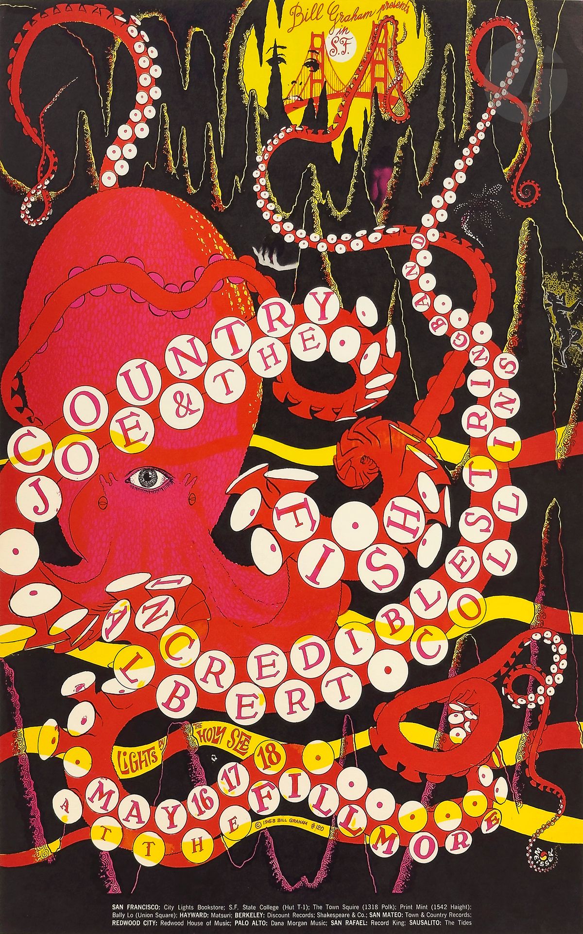 Wilfred WEISSER (XXe siècle)
Country Joe & the Fish, The Incredible String Band, Albert Collins, Fillmore Auditorium, San Francisco, 16-18 mai 1968
Chromolithographie. Non entoilée.
Bill Graham production. 
Signée en bas à droite
Dimensions
  
Bibliographie : Paul D. Grushkin, The Art of Rock, New York, Artabras, reproduit sous le numéro BG 127, p.120.