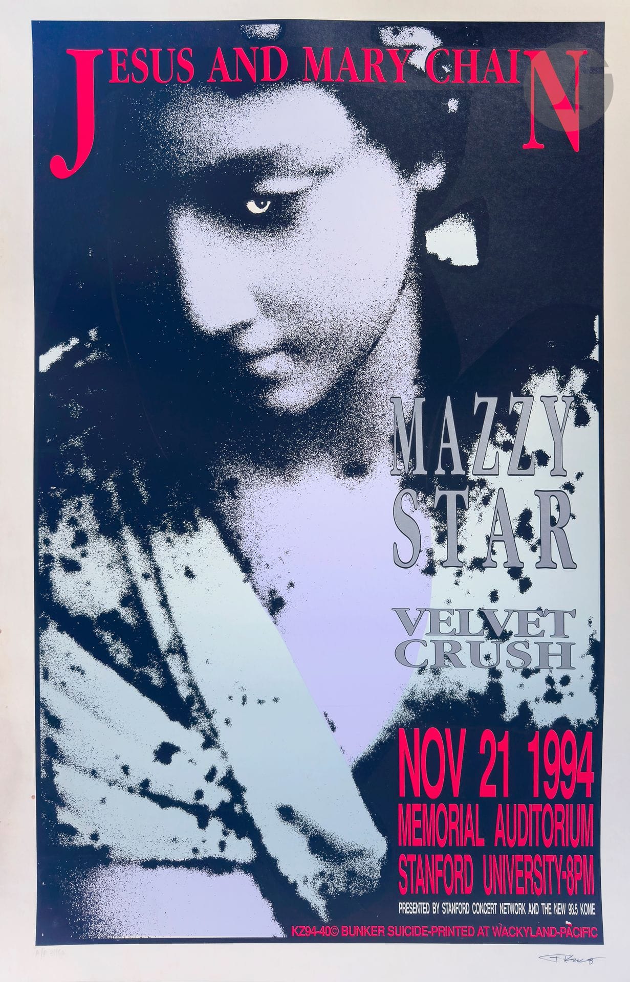 Frank KOZIK (né en 1962)
Jesus and Mary Chain, Mazzy Star, Velvet Crush, Standford, 21 novembre 1994
Chromolithographie. Non entoilée.
Print. Bunker Suicide. 
Signée en bas à droite. Numérotée 01/15. 
Trace d'humidité n'affectant pas l'image.
88,5 x 57,5 cm