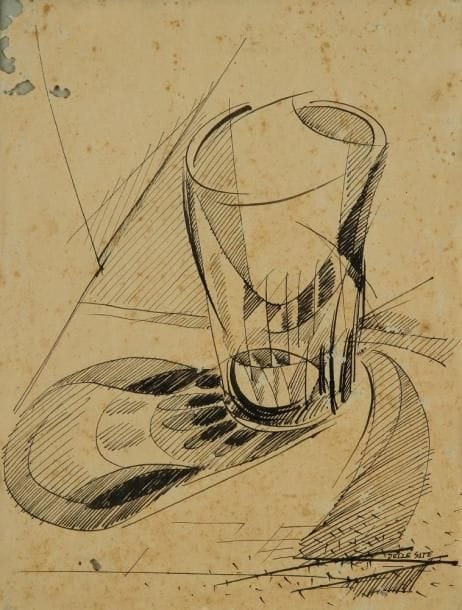 Mino DELLE SITE (1914-1996)
Verre, 1940. Dessin à l?encre. Signée en bas à droite. (Accidents au papier et rousseurs). 25 x19 cm Né à Lecce en 1914, Mino (Domenico) Delle Site étudie à l?école des Beaux-Arts sous la direction de Geremia Re. Il termine ses études à Rome où il se trouve dès 1930 et adhère au Mouvement Futuriste. Il participe à la création de L?aéropeinture, en compagnie de Prampolini, Balla, Dottori, Fillia et Ambrosi. En 1932, Prampolini écrit: «Tous les thèmes qui exaltent la vitesse dans le ciel, sur l?eau et sur la terre, trouvent en Delle Site un attentif interprète de la compénétration simultanée de L?Homme + Machine + Espace». Sa première exposition personnelle futuriste, tenue à Lecce en 1933, et présentée par l?Aéropoète Vittorio Bodini, fit scandale. Il participe par la suite à de nombreuses expositions futuristes itinérantes: aux Quadriennales de Rome, aux Biennales de Venise et à de nombreuses expositions nationales et internationales. Il a remporté plusieurs premiers prix, notamment, en 1955, le premier prix de l?Exposition Internationale de New Delhi. à la Biennale d?Art Internationale de Venise en 1970, un «non-film» est projeté qui s?intitule «Futurismo-Futuribile» auquel Delle Site participe activement en interprétant quelques moments importants de la symbologie futuriste. En 1972, à l?Université de Lecce, il fait l?objet d?une thèse d?histoire de l?art dont le sujet est: «Le Futurismo Salentino e l?Aeropittore Delle Site». Ses oeuvres font partie des manifestations artistiques les plus significatives de l?art italien des années 30 à nos jours et ses oeuvres sont détenues par les plus grands musées italiens. Mino Delle Site décède à Rome en 1996. Mino (Domenico) Delle Site e nato a Lecce il 1° maggio 1914, primogenito di Matilde Bianco, e Alfredo. Già in terza elementare collabora con disegni e linoleumgrafie alla pubblicazione del «Bollettino Quindicinale delle Scuole Comunali di Lecce». A dodici anni s?iscrive alla Scuola Artistica Statale a Lecce, dove è alli