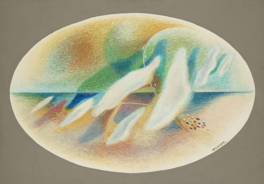 Mino DELLE SITE (1914-1996)
Vue de l?air 2, 1975. Huile sur toile. Signée en bas à droite. Titrée au dos. 47 x 67 cm Expositions: 1981 Gallipoli, «Les nouvelles lignes directrices» 1987 Rome, «Mino Delle Site Aeropittura futuriste», Galerie des Augustins 1989 Lecce, Musée provincial, Mino Delle Site, Aeropittura et au-delà, depuis 1930 1997 Rome, Rétrospective Mino Delle Site, Association Athenaeum N.A.E. 2003 Rome, Mino Delle Site, Aeropittura futuriste, Galerie d?Europe 2005 Cavallino, le couvent de Saint Dominique, sentiers... L?évolution picturale de Mino Delle Site 2005 Salerno, Galerie d?art provinciale, L?évolution picturale de Mino Delle Site 2006 Turin, Galerie Narciso, Mino Delle Site
