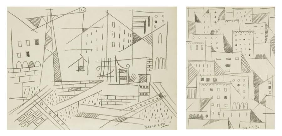 Mino DELLE SITE (1914-1996)
Géométrie urbaine, 1963 et 1967. Deux dessins à la mine de plomb. Signés en bas à droite. 22 x 29,5 cm chaque