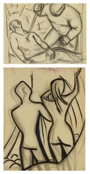 Mino DELLE SITE (1914-1996)
Adam et Ève - Martyre, 1967 et 1964. Deux dessins à l?encre ou mine de plomb. Non signés. 32 x 26 cm et 24,4 x 34 cm