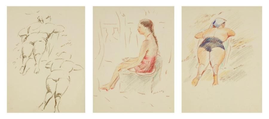 Mino DELLE SITE (1914-1996)
Fille assise - Femmes à la plage (2), 1968. Trois dessins au crayon de couleur. Signés en bas à droite. Environ 30 x 23 cm chaque