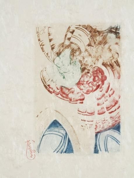 Frantisek Kupka (1871-1957)
Étude pour «Fugue en deux couleurs». 1913. Eauforte. 240 x 160. Impression en couleurs. Belle épreuve d'un tirage posthume sur japon nacré, timbrée en rouge. Éd. J. P. Loriot, Paris