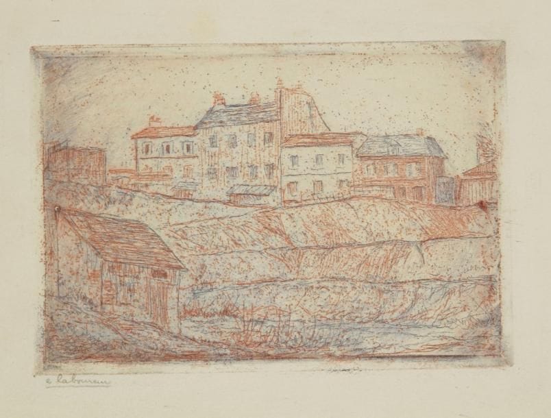 Jean-Emile LABOUREUR (1877-1943)
Maisons au bord de la Bièvre. 1897. Eau-forte. 130 x 90. Laboureur 7 bis. Impression en couleurs (bleu et rouge) au moyen de deux planches. Très belle épreuve d'essai sur vélin blanc, signée à la mine de plomb puis titrée en pied. Traces de colle et petites épidermures dans les angles au verso. Très léger pli vertical médian. Toutes marges. De toute rareté. Tirage à quelques épreuves seulement