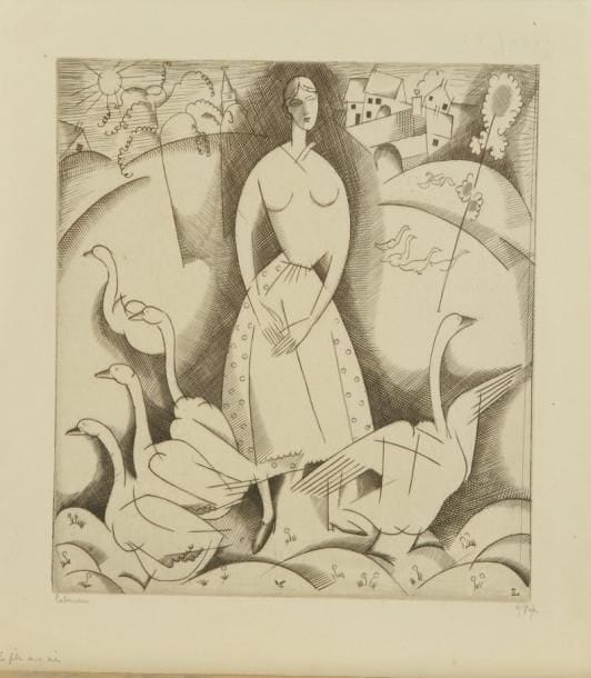 Jean-Emile LABOUREUR (1877-1943)
La Fille aux oies. 1916. Burin. 155 x 171. Laboureur 159. Très belle épreuve sur vergé mince, l'une des 8 du 1er état (sur 2), avant de nouvelles tailles, signée et numérotée à la mine de plomb puis titrée en pied. Toutes marges. Tirage total à moins de 55 épreuves