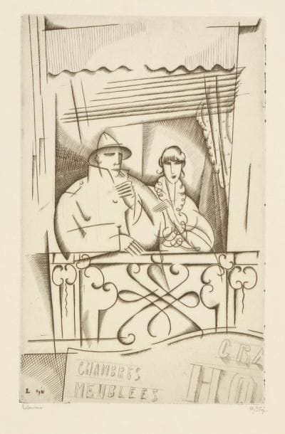 Jean-Emile LABOUREUR (1877-1943)
Au balcon. 1917-1919. Burin. 121 x 195. Laboureur 181. Très belle épreuve sur vélin blanc mince, signée et numérotée à la mine de plomb. Petites épidermures et restes d'ancien montage en tête au verso. Toutes marges. Tirage total à 45 épreuves