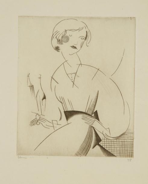 Jean-Emile LABOUREUR (1877-1943)
Jeune fille au verre de liqueur. 1919. Burin. 140 x 167. Laboureur 187. Très belle épreuve sur vergé mince, l'une des 8 du 1er état (sur 2), avant de nouvelles tailles, signée et numérotée à la mine de plomb puis titrée en pied. Quelques rousseurs. Toutes marges. Tirage total à 50 épreuves