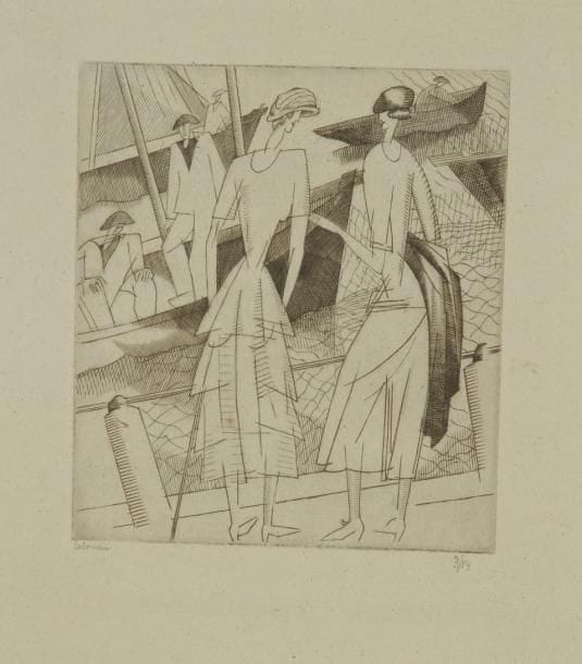 Jean-Emile LABOUREUR (1877-1943)
Jeunes filles sur le port. 1920. Burin. 132 x 150. Laboureur 200. Très belle épreuve sur vergé ancien azuré, l'une des 14 du 1er état (sur 2), avant de nouvelles tailles, signée et numérotée à la mine de plomb puis titrée en pied. Toutes marges. Tirage total à environ 110 épreuves
