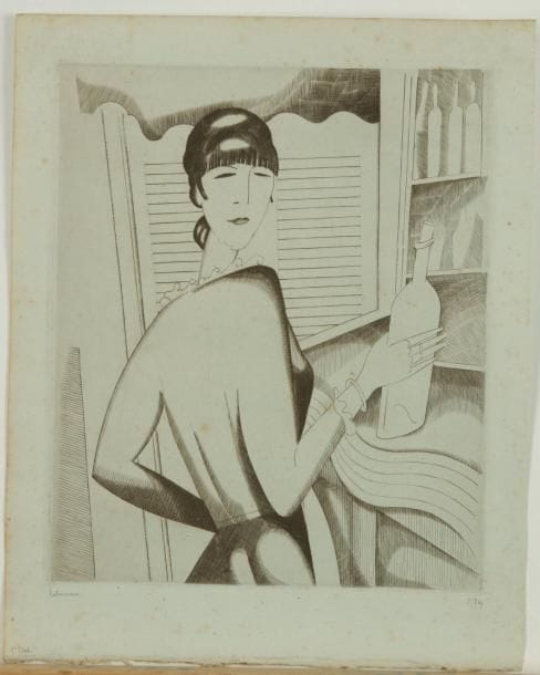 Jean-Emile LABOUREUR (1877-1943)
La Fille au litre (grande planche). 1921. Burin. 180 x 216. Laboureur 217. Très belle épreuve sur vergé ancien azuré, l'une des 8 du 1er état (sur 3), avant de nouveaux travaux sur le litre et le comptoir, signée et numérotée à la mine de plomb. Rousseurs claires. Toutes marges. Tirage total à 85 épreuves
