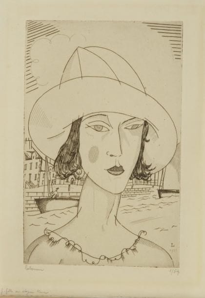 Jean-Emile LABOUREUR (1877-1943)
Jeune fille au chapeau blanc. 1921. Eau-forte et burin. 115 x 180. Laboureur 223. Belle épreuve sur vergé mince, très légèrement oxydée, l'une des 5 du 1er état (sur 3), avant de nouvelles tailles, signée et numérotée à la mine de plomb puis titrée en pied. Toutes marges. Tirage total à 47 épreuves