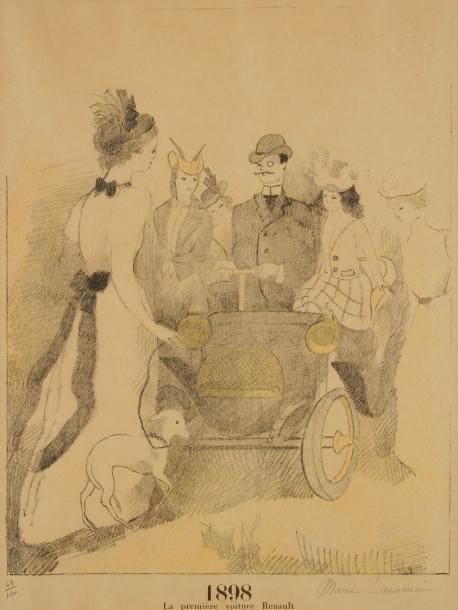 Marie LAURENCIN (1883-1956)
La Première voiture Renault. 1936. Lithographie. 275 x 350. Marchesseau 180. Impression en couleurs. Bonne épreuve sur japon, oxydée, numérotée et signée à la mine de plomb. Pli cassé vertical médian. Marges. Cadre