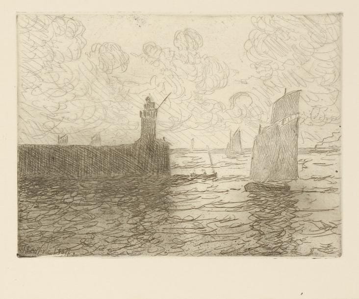 Maxime MAUFRA (1861-1918)
Saint-Nazaire, la vieille jetée. 1904. Eau-forte. 197 x 147. Morane 41. Parfaite épreuve, l'une des 50 tirées sur japon pour les exemplaires de tête du livre de V.-E. Michelet, Maufra peintre et graveur, Paris, Floury, 1908
