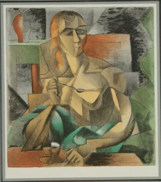 Jean Metzinger (1883-1956) (d'après)
La Tasse de thé. 1929. Gravé par J. Villon. 440 x 470. Ginestet et Pouillon 666. Impression en couleurs. Très belle épreuve sur vélin blanc, du tirage de la Chalcographie du Louvre, avec le timbre sec. Marges. Cadre