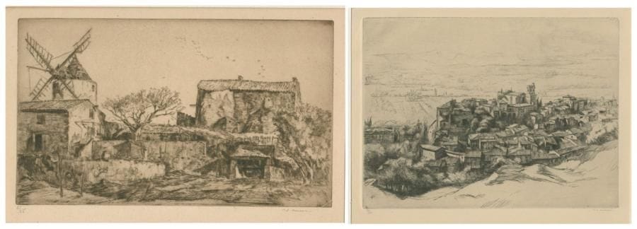 Pierre-Louis MOREAU (1876-1960)
Viviers-sur-Rhône; Le Moulin de Saint-Jean. Vers 1930. Pointe sèche. 325 x 192, 238 x 176 et 248 x 147. Très belles épreuves sur vélin et sur vergé, numérotées et signées à la mine de plomb. Toutes marges. Tirage à 25 épreuves. Timbre sec: Marcel Guiot éditeur Paris. Ens. 2 p