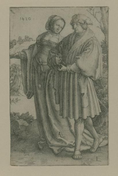 Lucas van LEYDEN (1494-1533)
La Promenade. 1520. Burin. 72 x 115. Bartsch, Hollstein 144. Bonne épreuve rognée au trait carré, collée en plein sur vélin. Cadre
