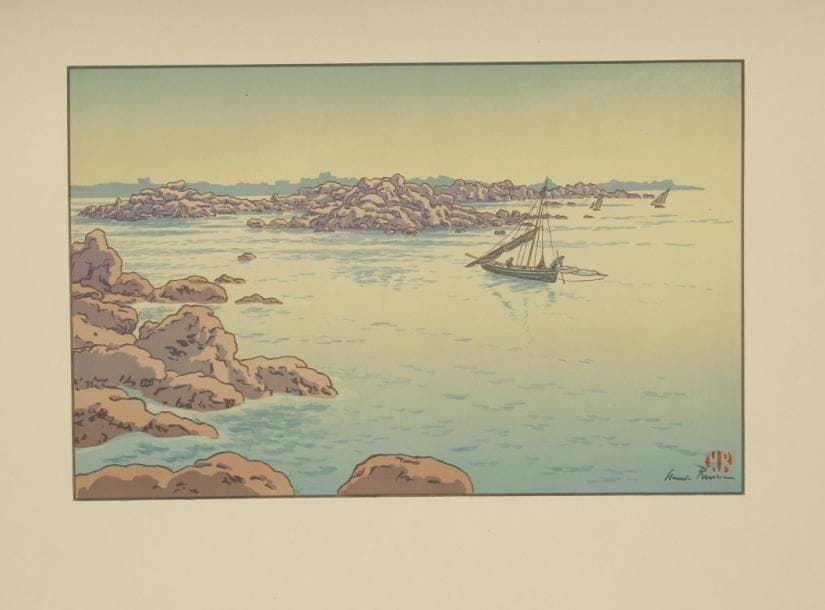 Henri RIVIERE (1864-1951)
L'Entrée du port de Ploumanac'h. (Pl. 17 du Beau Pays de Bretagne). 1914. Lithographie. 353 x 230. Fields p. 79. Impression en couleurs. Parfaite épreuve sur vélin ivoire. Toutes marges